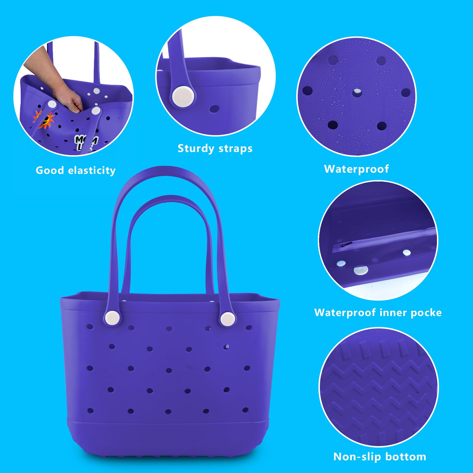 Waterproof Rubber Beach Tote Bag with Zipper Pocket & Phone Pouch - Durable Washable Open Purse for Women - Perfect for Pool, Boat, Beach Vacation & Summer Travel Accessories