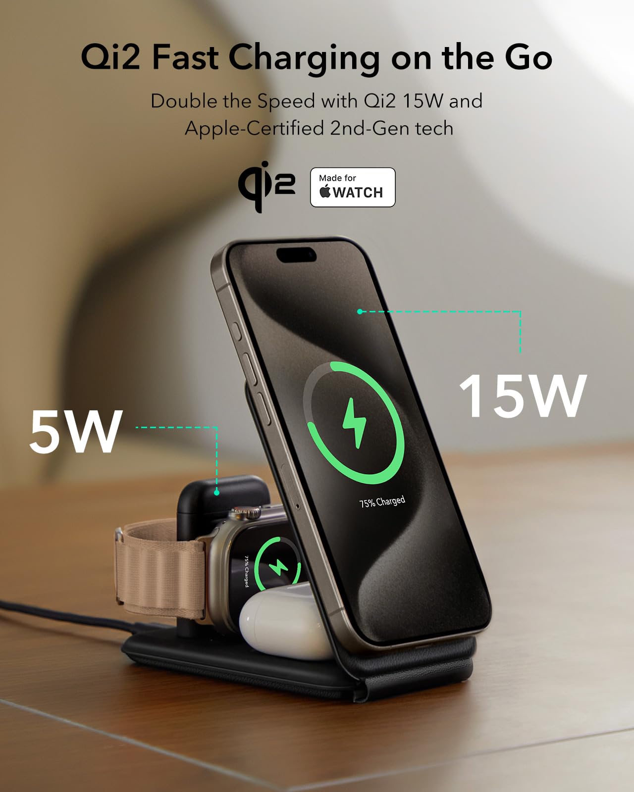 ESR Qi2 Certified 3-in-1 Wireless Charging Station - MagSafe Charger Stand for iPhone 16/15/14/13/12, Apple Watch & AirPods 4/3 (Black) | Fast Charging for Home, Office & Travel Accessories