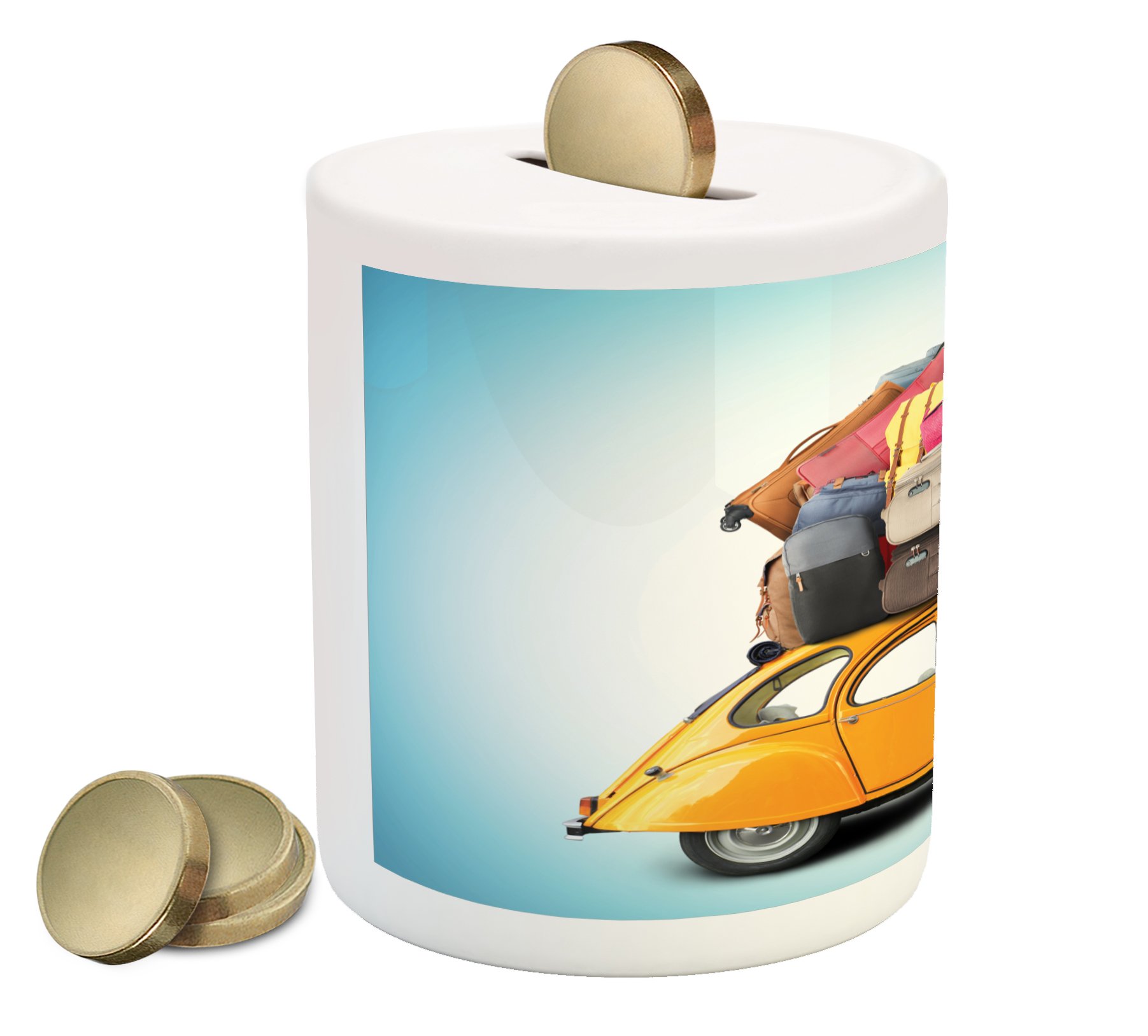 Ambesonne Ceramic Piggy Bank - Vintage Car with Luggage Design, Colorful Money Box for Cash Savings | Perfect for Kids' Allowance, Travel Enthusiasts & Holiday Gift Giving