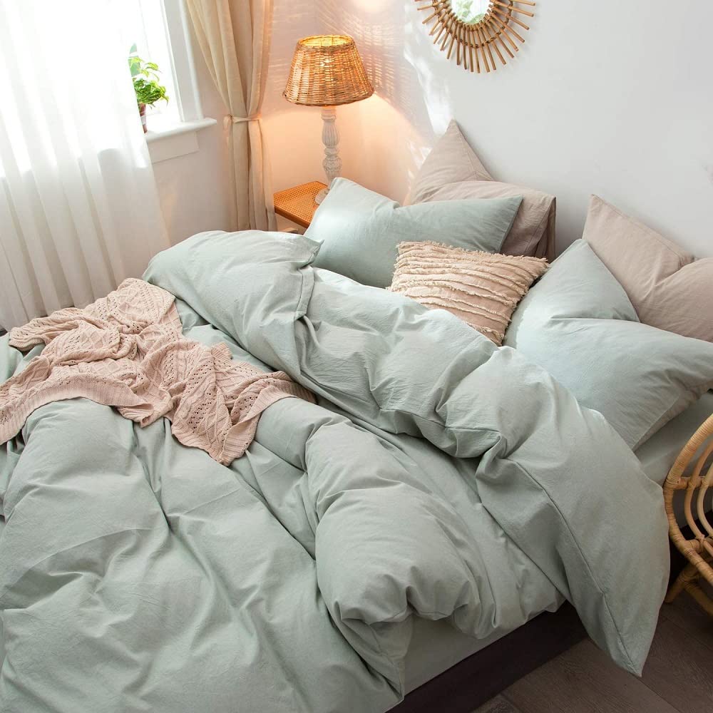 Sage Green Washed Cotton Duvet Cover Set - Boho Style Linen-Like Textured Bedding - Breathable, Durable & Soft Comforter Cover for Queen/King Size - Perfect for Bohemian Bedroom Decor & Cozy Home Styling