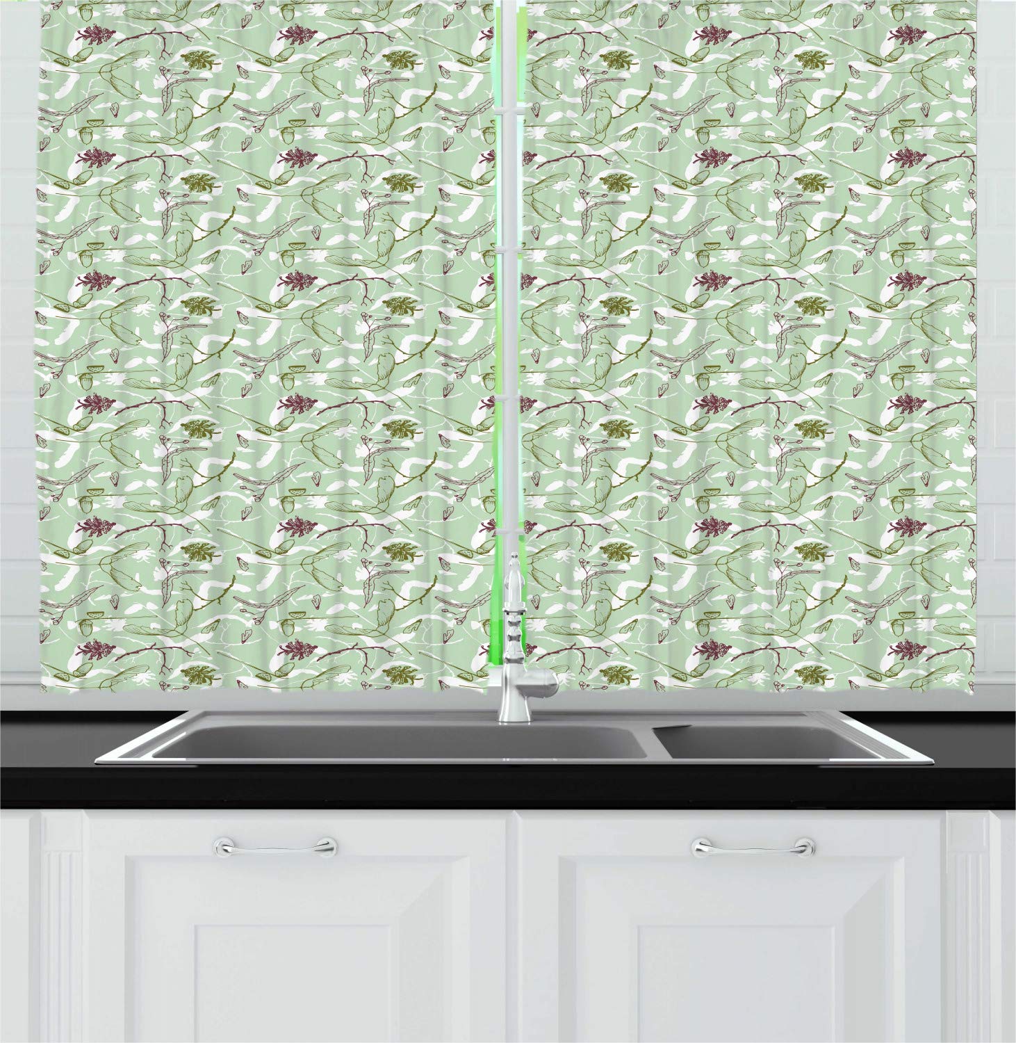 Ambesonne Hand-Drawn Autumn Woodsy Kitchen Curtains - 2 Panel Set with Twigs, Acorns & Pine Cones, 55