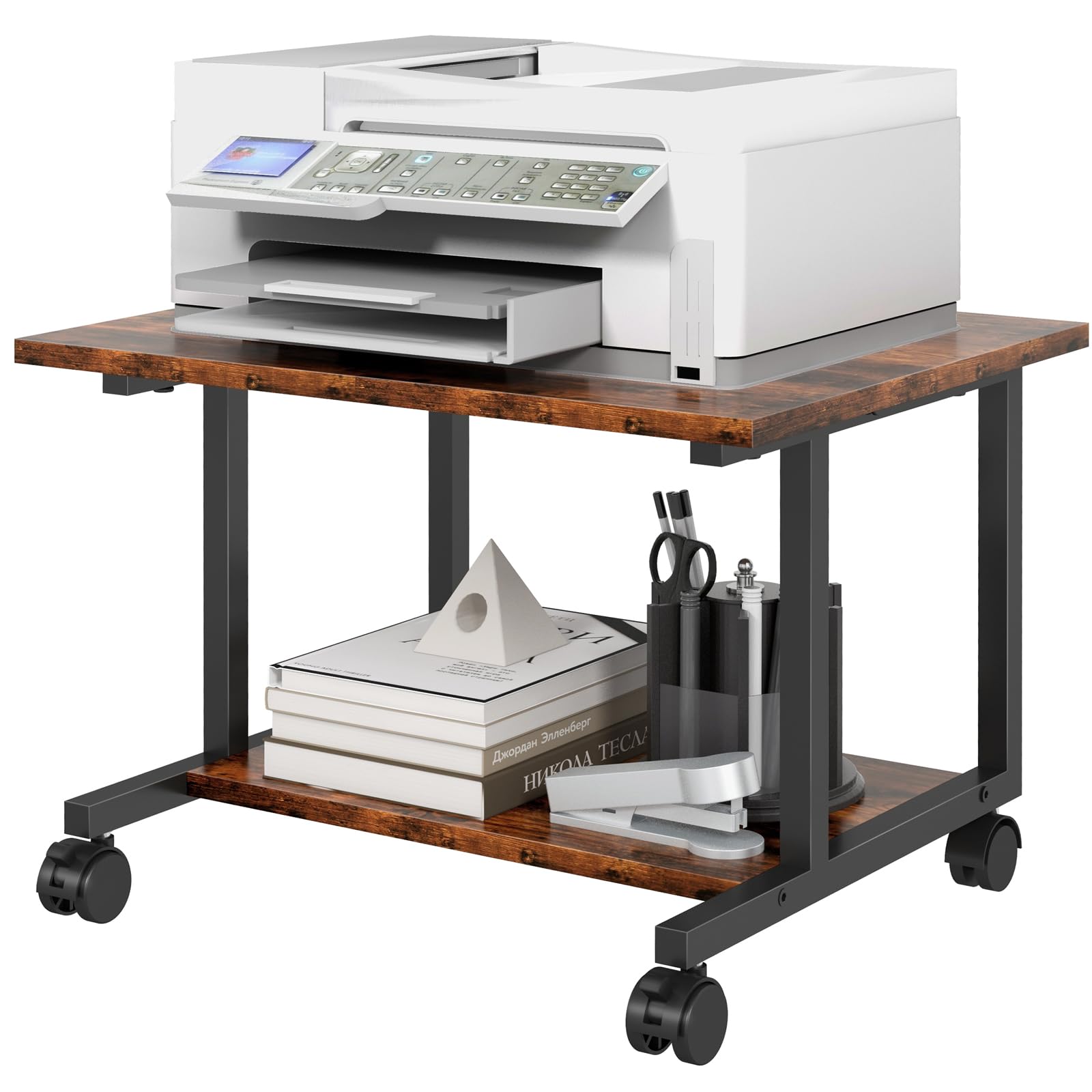 Under Desk Printer Stand with Wheels - 20.5 x 15.7 Inches Rolling Printer Cart for Home Office, Small Printer Table with Storage Shelf, Industrial Printer Stand in Rustic Brown - Perfect for Organizing Printers, Scanners & Office Supplies Under Your Desk