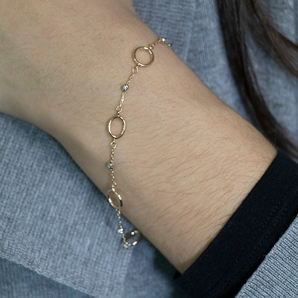 9ct Two Tone Gold Open Rings and Beads 19cm Adjustable Bracelet - Perfect for Women's Daily Wear, Gift Giving & Special Occasions