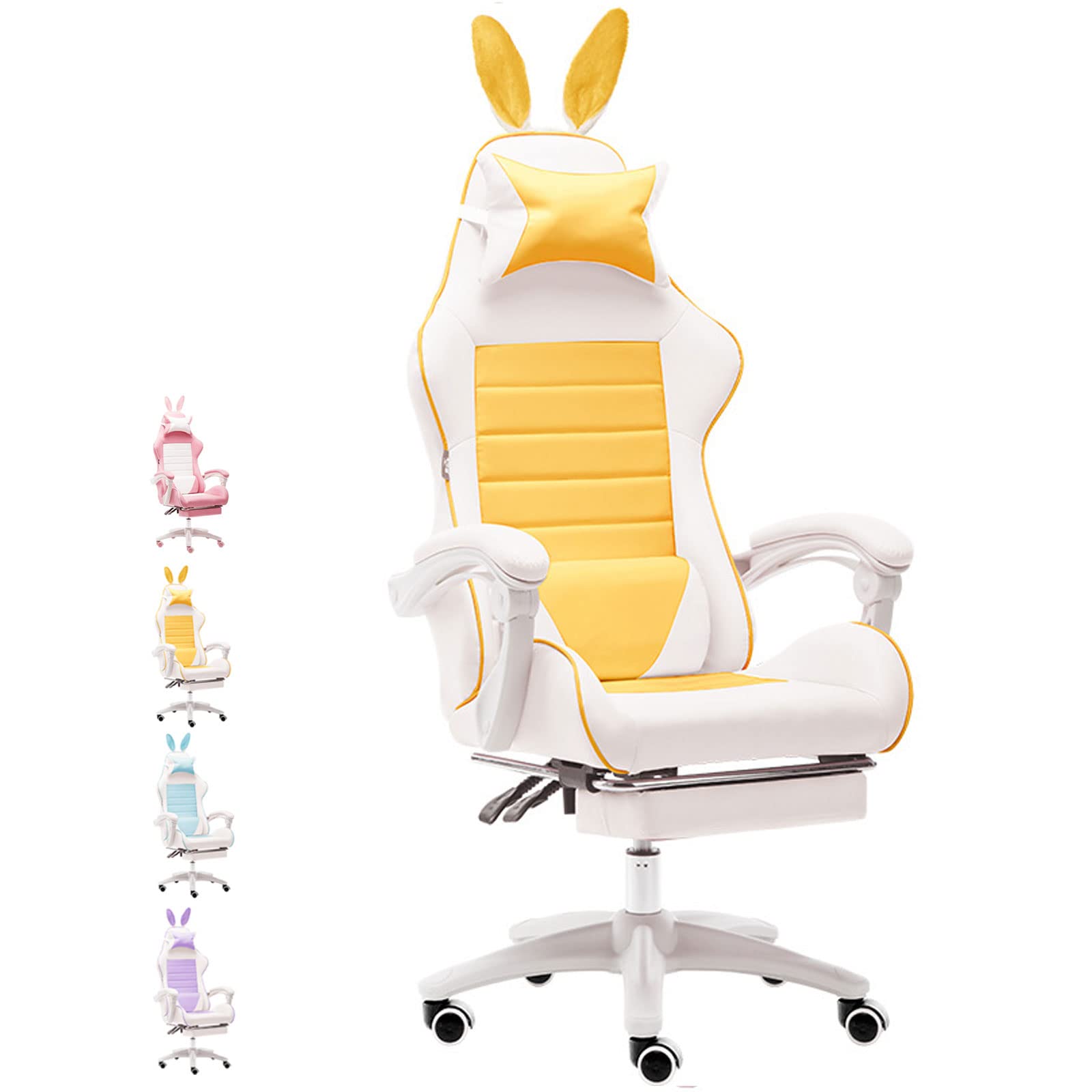 Ergonomic Pink Gaming Chair for Girls - 150° Reclining Computer Chair with Removable Rabbit Ear Cushion & Footrest - PU Leather Swivel Office Chair for Gaming, Streaming & Home Office