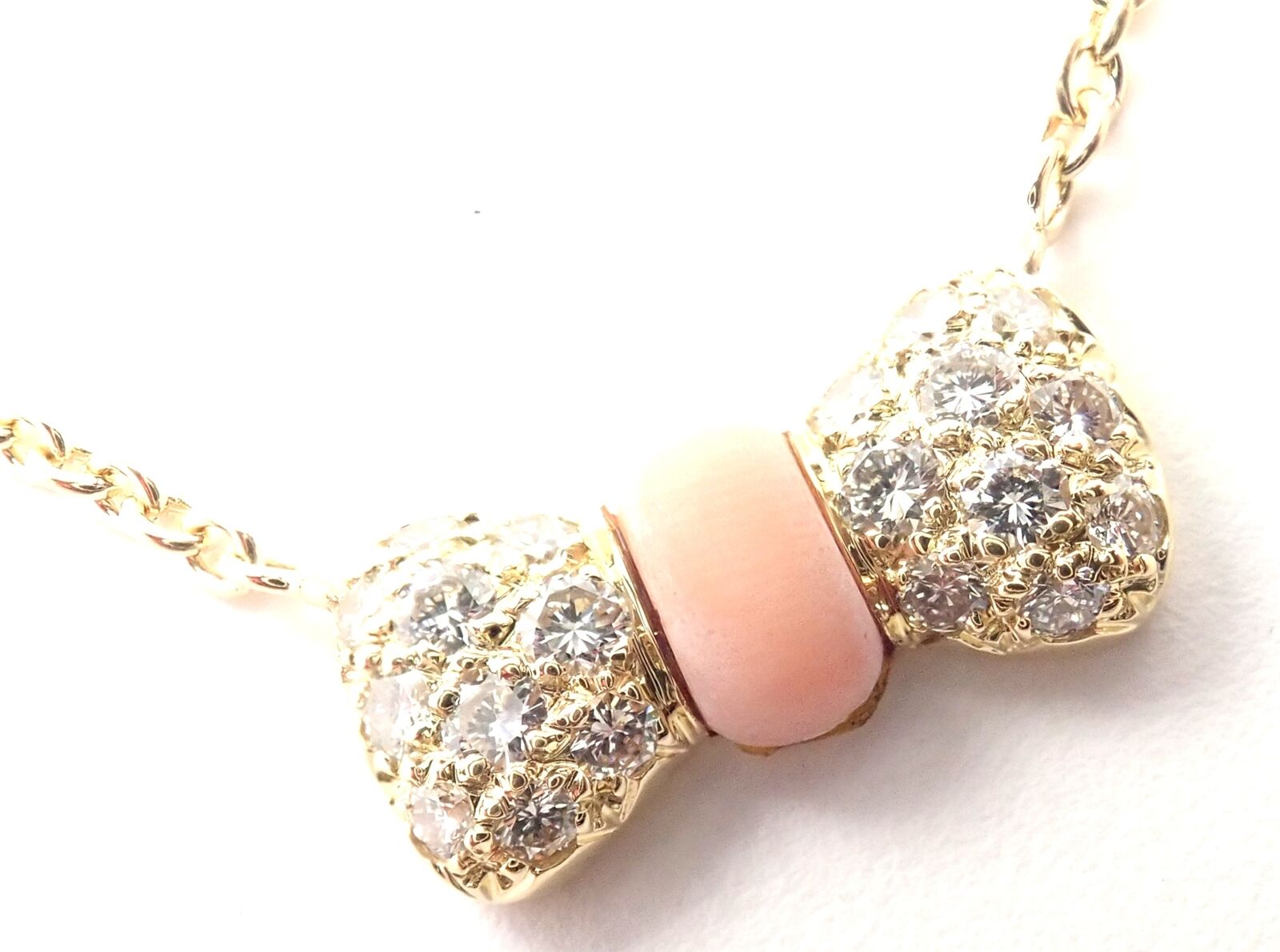 Authentic Van Cleef & Arpels 18k Yellow Gold Diamond Coral Bow Pendant Necklace - Luxury Jewelry Gift for Women, Perfect for Weddings & Special Occasions