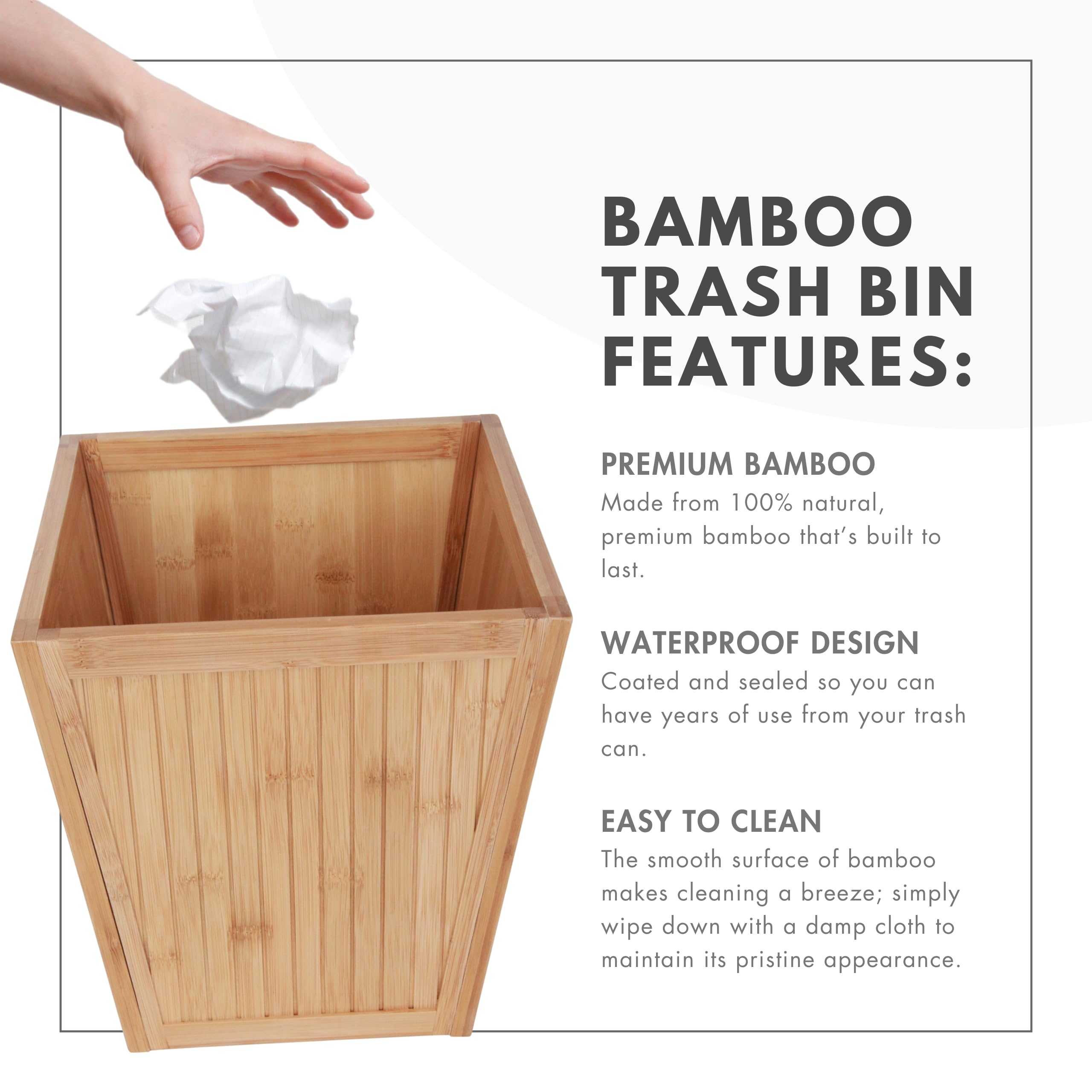100% Bamboo Wooden Wastebasket Trash Can - Eco-Friendly Bathroom & Office Trash Bin for Home, Kitchen, Bedroom | ToiletTree Products