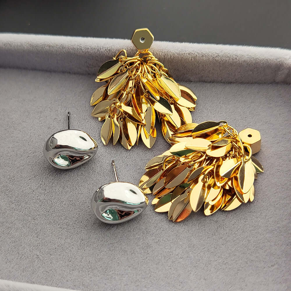 Gold and Silver 2-Way Leaf Fringe Drop Earrings Set | Elegant Dangle Earrings for Women | Perfect for Parties, Weddings & Date Nights