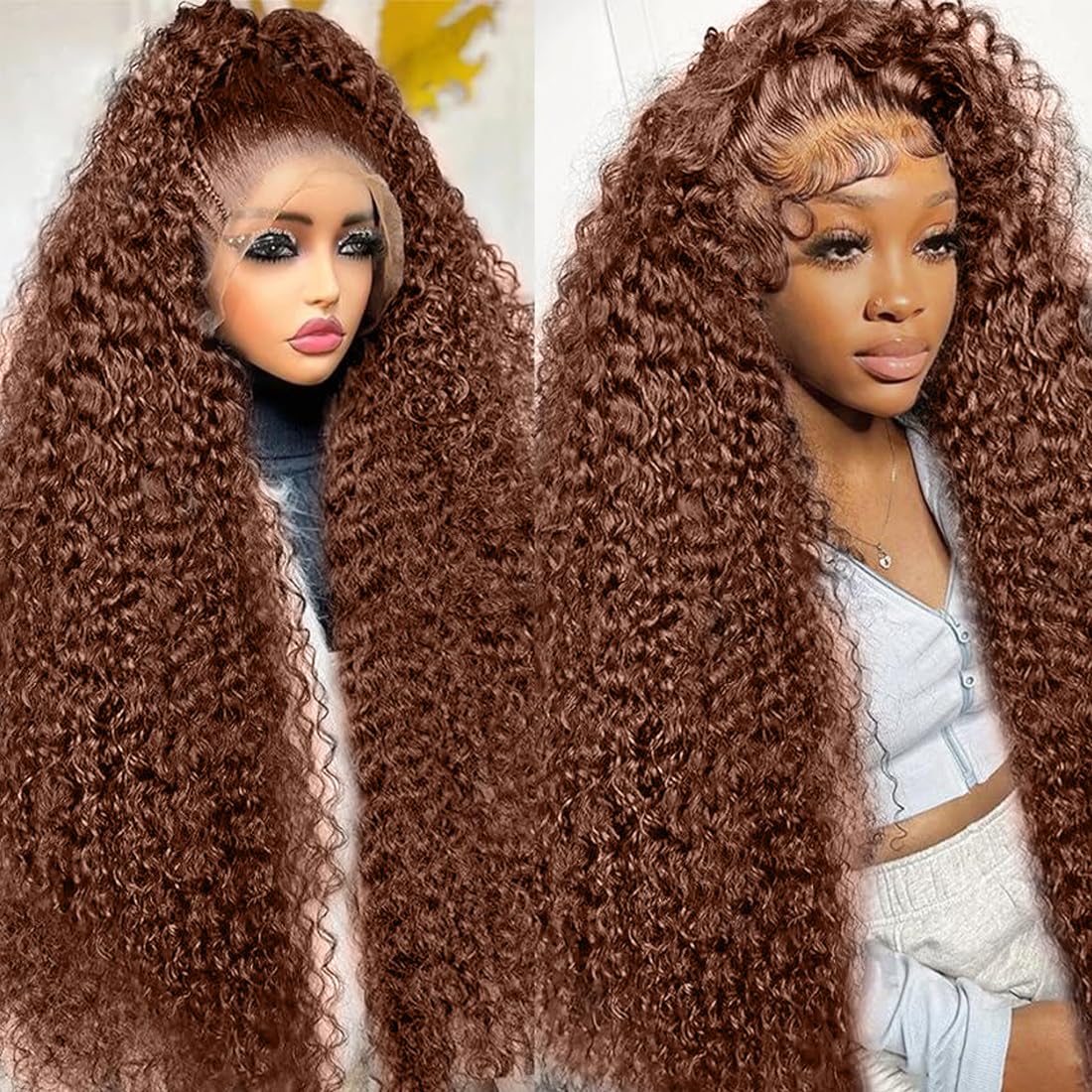 13x6 HD Transparent Lace Front Human Hair Wig - 200% Density Mongolian Curly Deep Auburn Brown with Baby Hair | Natural Chocolate Curly Lace Wig for Women | Perfect for Cosplay, Daily Wear & Special Occasions
