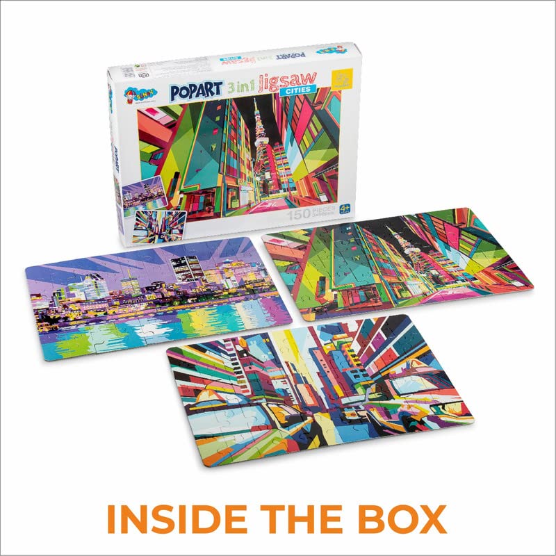 Storio Popart 3-in-1 Jigsaw Puzzle Set - Cities, Animals & Abstract Designs | Educational Learning Toys for Kids Ages 4-8 | Multicolor Puzzle Games for Classroom & Home Playtime