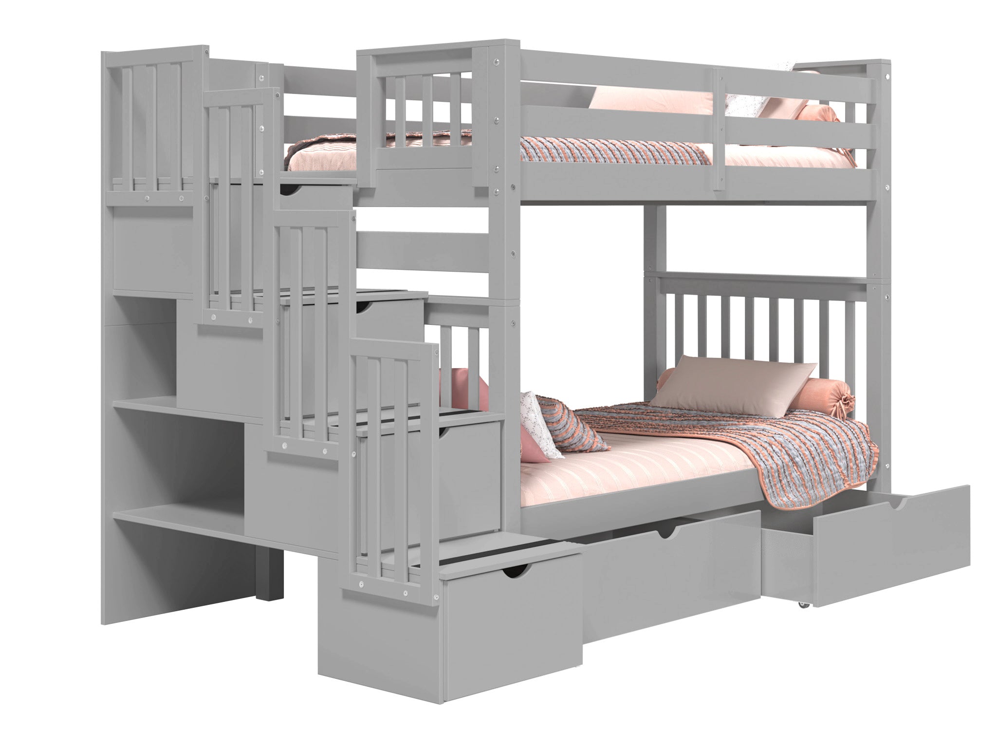 Twin Over Twin Bunk Bed with Stairway and Storage Drawers, Gray - Space-Saving Kids Bedroom Furniture for Small Rooms, Dorms, and Shared Bedrooms