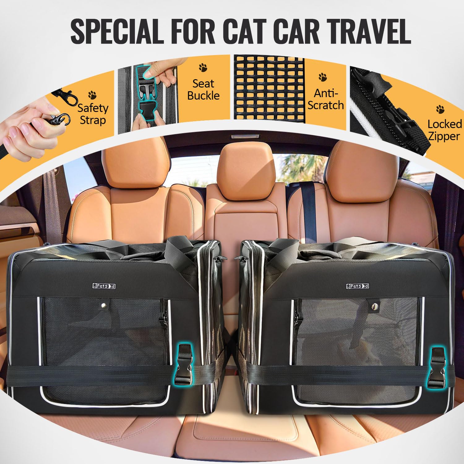 Petskd Portable Double Cat Carrier with Litter Box - 2-in-1 Large Travel Carrier for Multiple Cats (36x17x17in) with Safety Locking Zippers - Perfect for Long Distance Car Travel, Vet Visits & Airplane Trips