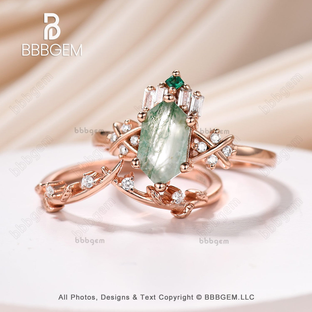 14K Rose Gold Long Hexagon Green Moss Agate Wedding Ring Set - Elegant Elongated Moss Agate Bridal Rings for Engagement, Anniversary & Special Occasions