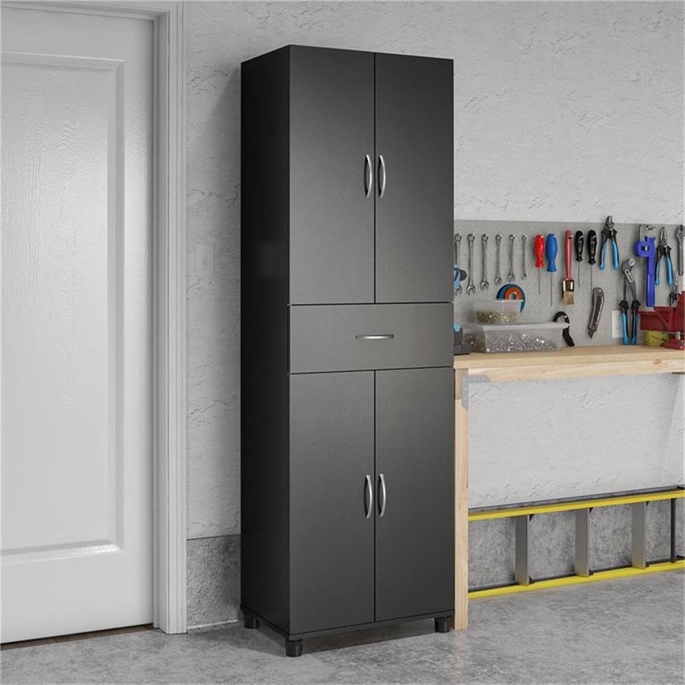 Pemberly Row Mid-Century Modern Storage Cabinet with Drawer - Black Wooden Dresser for Bedroom, Living Room & Office Organization