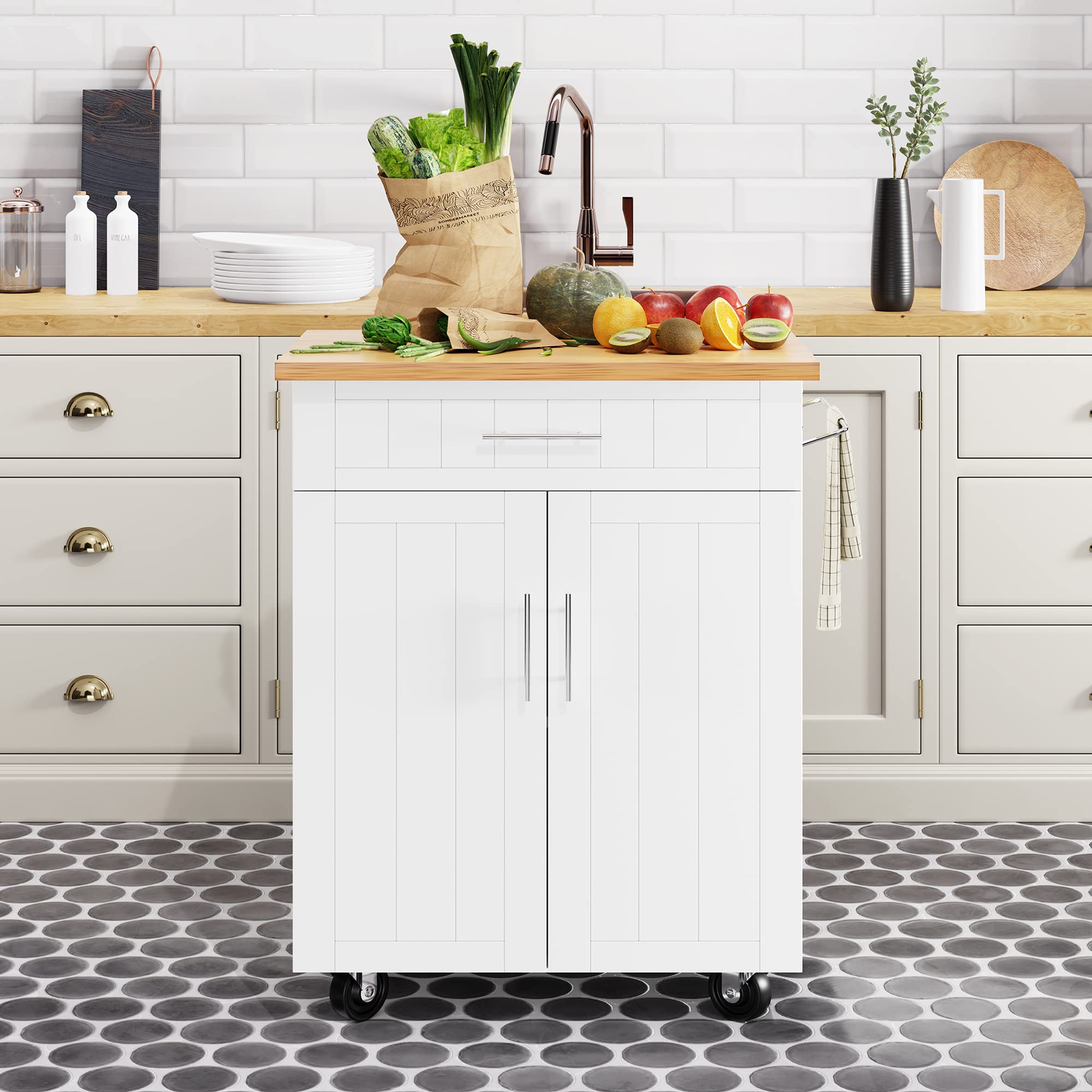 Shintenchi White Kitchen Island Cart with Storage - Rolling Side Table with Wheels, Large Worktop, Cabinet, Towel Rack & Drawers for Kitchen & Dining Room | Perfect for Meal Prep, Extra Counter Space & Small Apartment Living