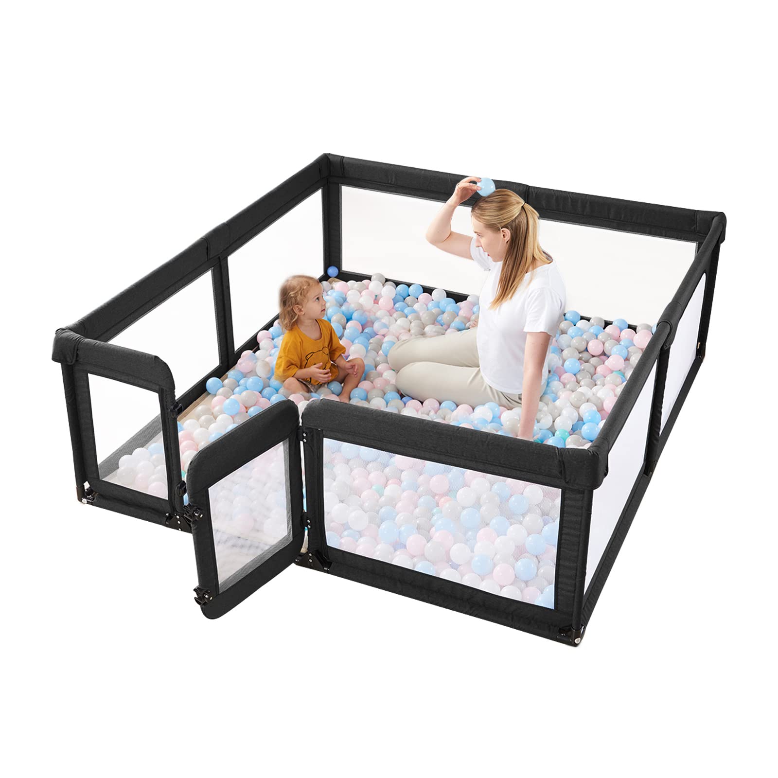 Extra Large Baby Playpen with Door - 79x71in Safety Play Yard for Babies & Toddlers | Indoor Activity Center & Baby Fence | Perfect for Home, Nursery & Playtime (Black)