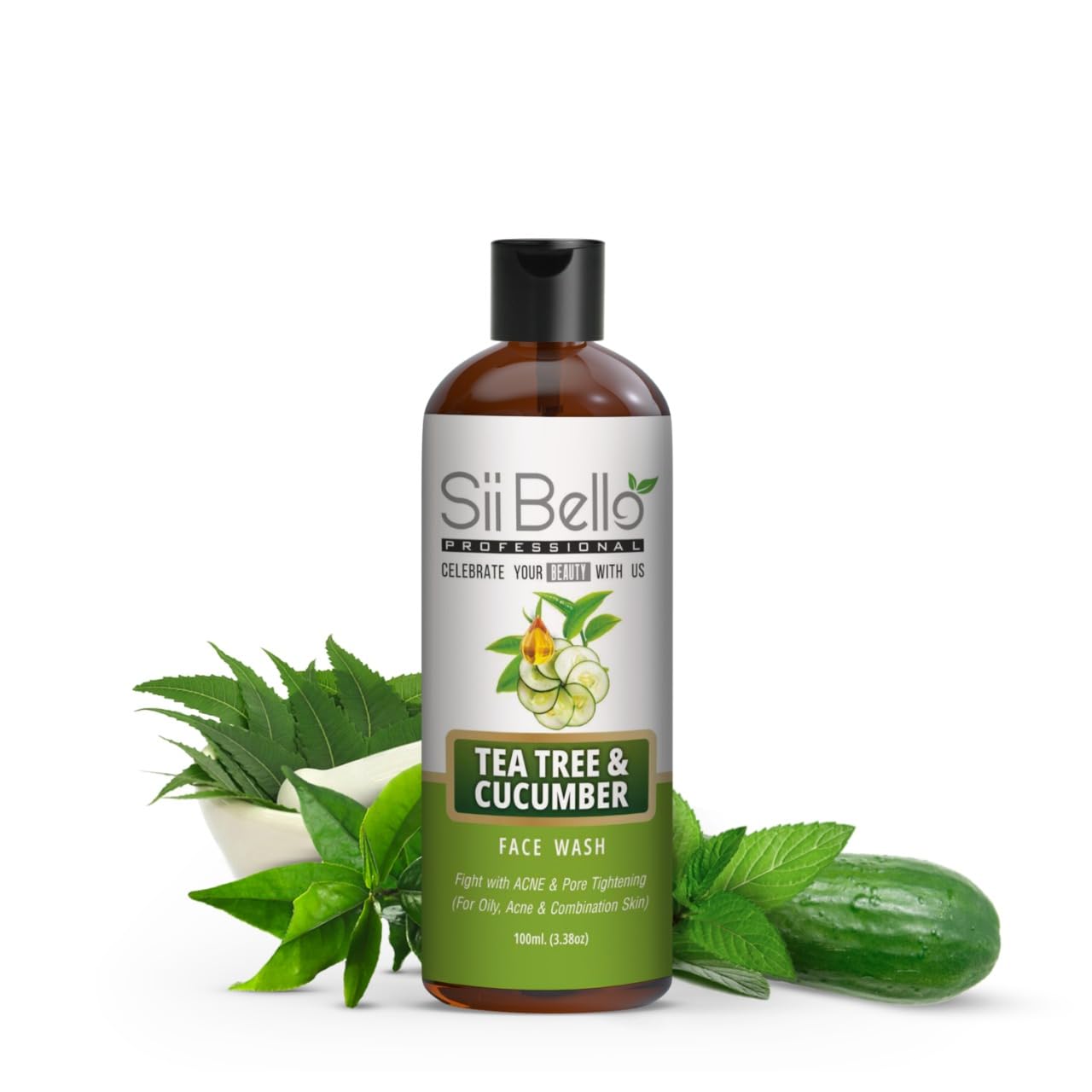 SII BELLO Tea Tree & Cucumber Face Wash for Oily & Acne-Prone Skin - Sulfate & Paraben Free Cleanser to Control Oil & Breakouts (100ml) - Perfect for Daily Skincare Routine & Acne Treatment