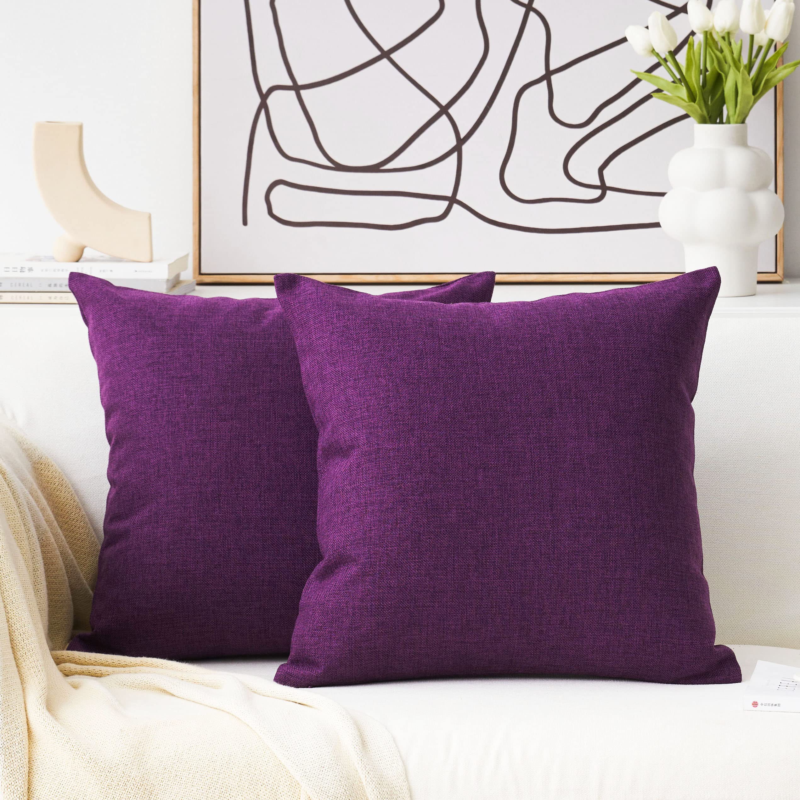 Premium Linen Burlap Throw Pillow Covers - 22x22 Inches (55x55 cm) Euro Sham - Soft & Stylish Purple Eggplant Design for Home Decor, Living Room, Bedroom, Sofa & Couch Accessories