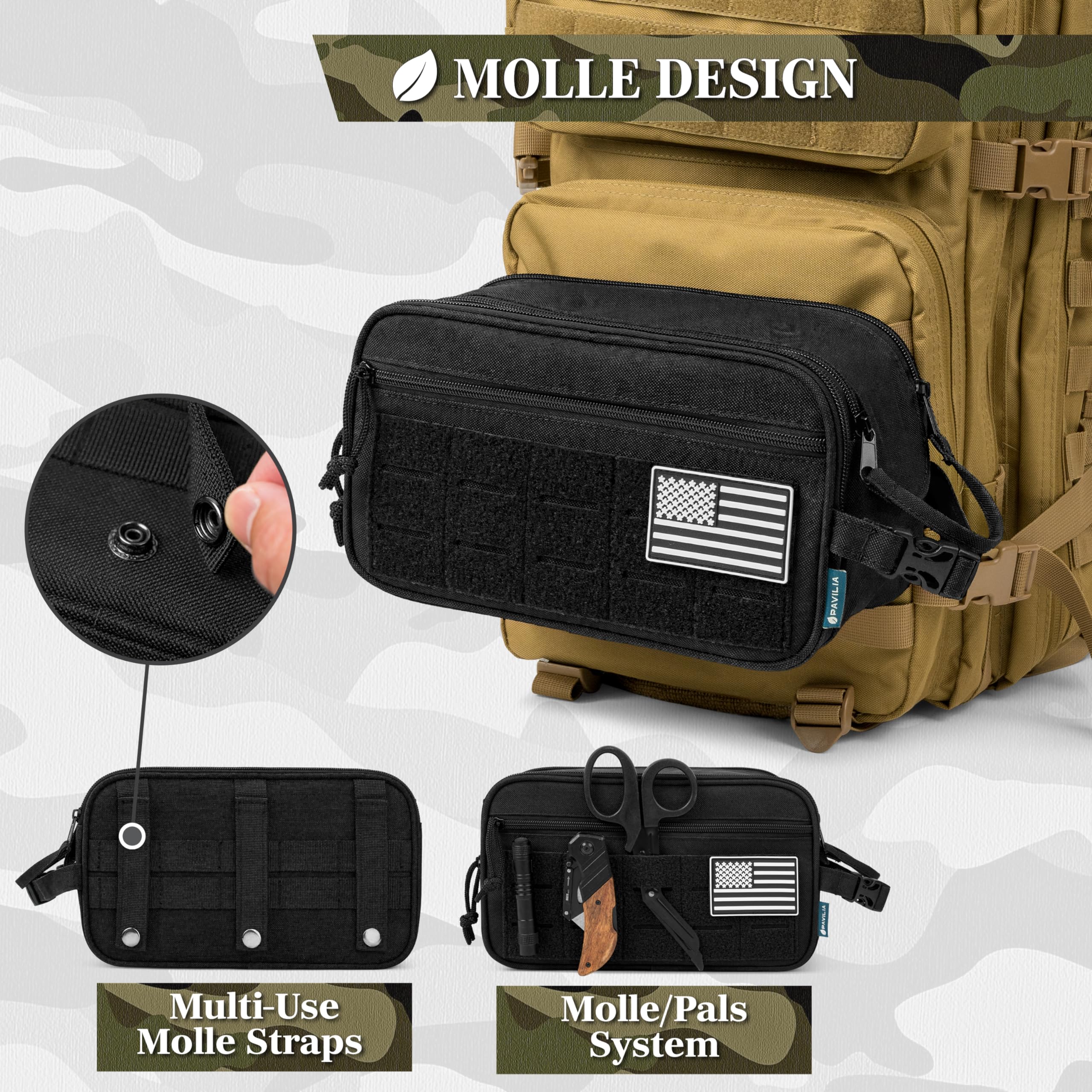 Pavilia Tactical Toiletry Bag for Men - Waterproof Military Dopp Kit with Molle Pouch | Travel Hygiene & Grooming Organizer for Shaving Essentials | Perfect for Camping, Gym & Business Trips (Black)