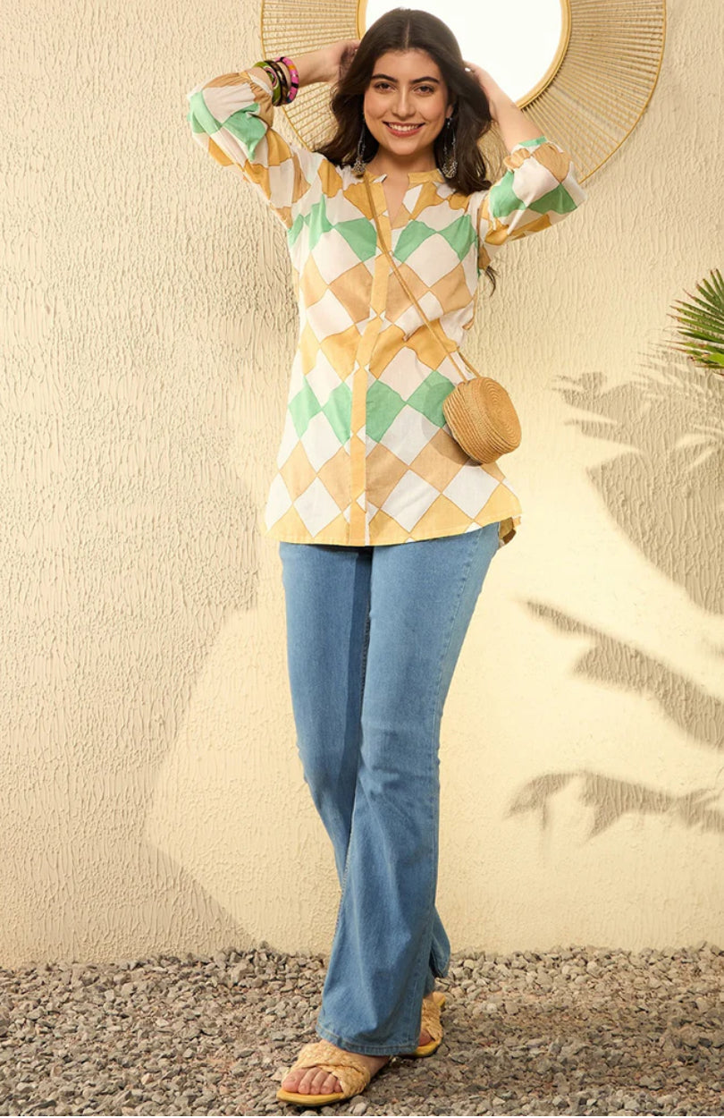 Stylish White Cotton Blend Geometric Printed Tunic Top for Women | Casual Summer Wear & Boho Outfit Essential