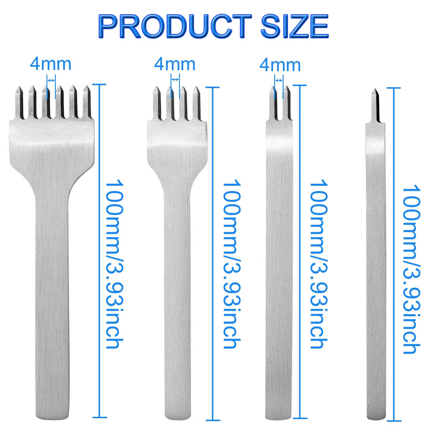 JONMON 4mm Diamond Hole Lacing Chisel Set - 1/2/4/6 Prong Leather Punch Tool with Rhombus Teeth for Leathercraft, DIY Stitching, Bag Making, Shoe Repair & Wallet Crafting - 4Pcs Leather Sewing Supplies