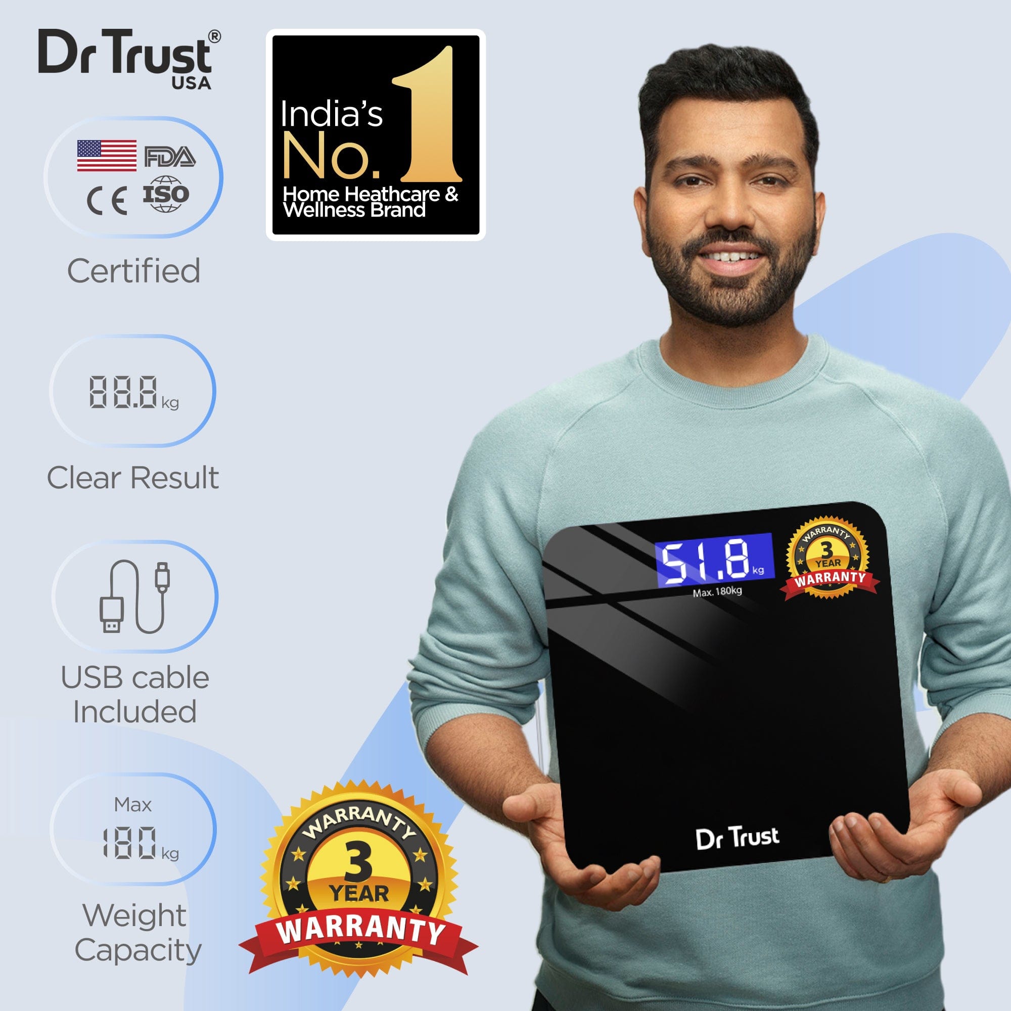 Dr Trust USA Zen Rechargeable Digital Bathroom Scale - 400lb Capacity, Body Weight Scale with Step-On Technology, LCD Display - Perfect for Home, Gym & Health Tracking