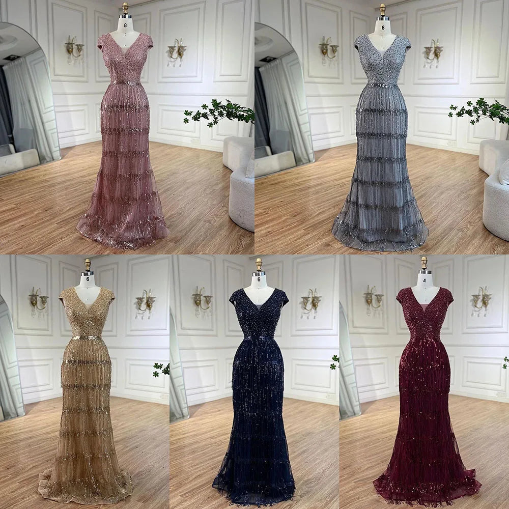Luxury Dubai Arabic Mermaid Evening Gown with Gold Tassel Beading - Elegant Women's Wedding Party Dress for Special Occasions - Perfect for Bridal Showers, Galas and Formal Events 2025 LA72581