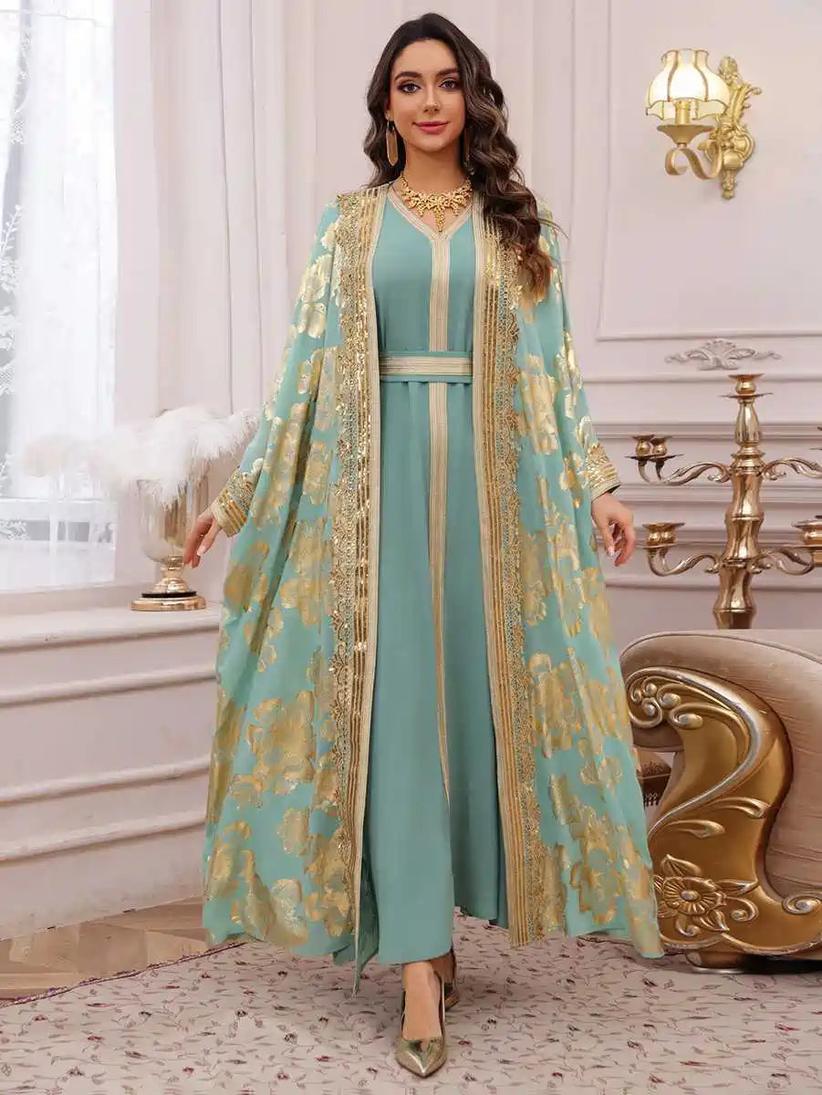 Urgarment 2 Piece Elegant Bronzing Eid Dress Set - Caftan with Inner Sleeveless Dress #25473 | Perfect for Eid Celebrations, Weddings & Special Occasions