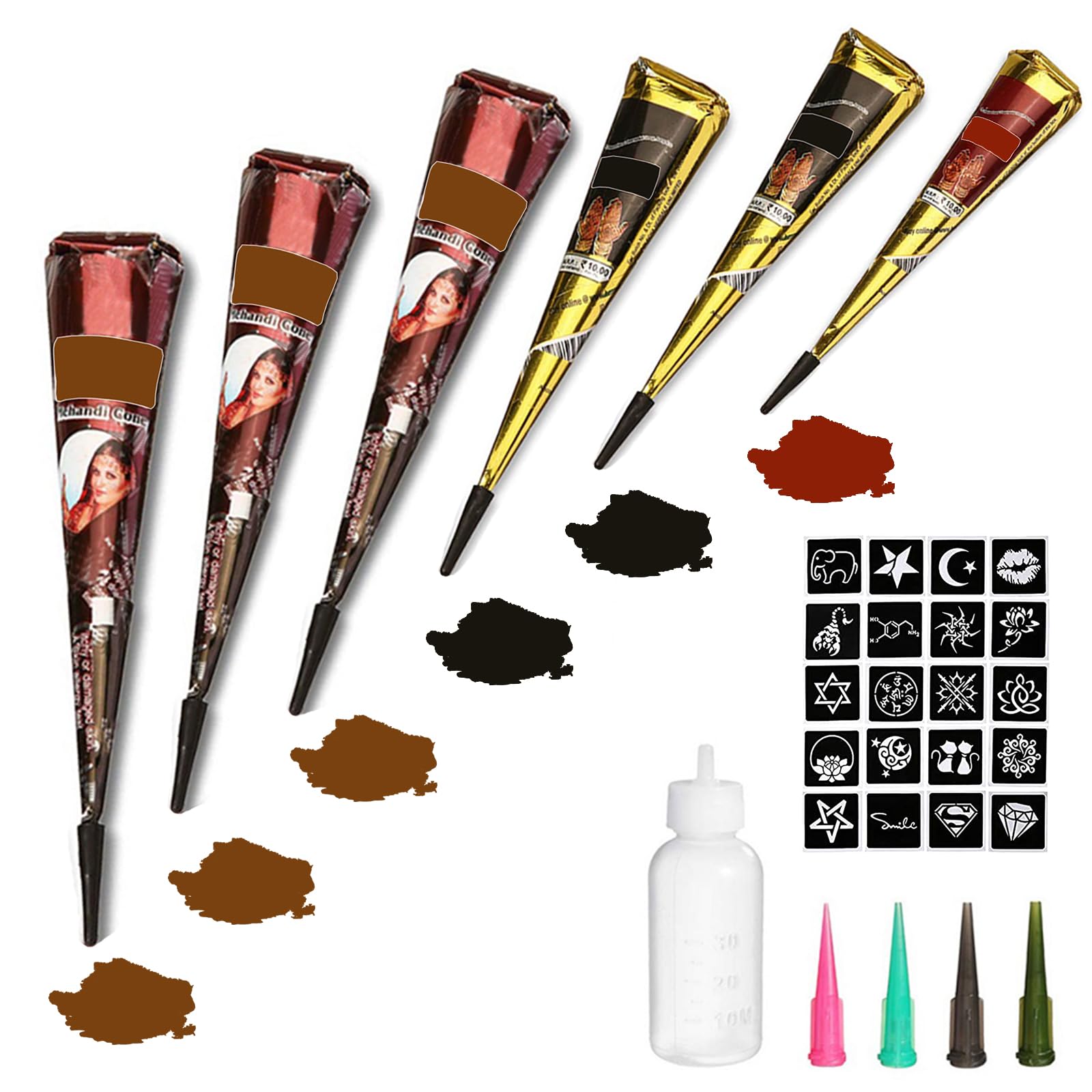 6Pcs Temporary Tattoo Kit with 3 Colors - Semi Permanent Body Art for Women, Men & Kids | Includes 20Pcs Adhesive Stencils, 1 Bottle & 4 Nozzles | Perfect for Summer DIY Tattoos, Parties, Festivals & Creative Body Painting