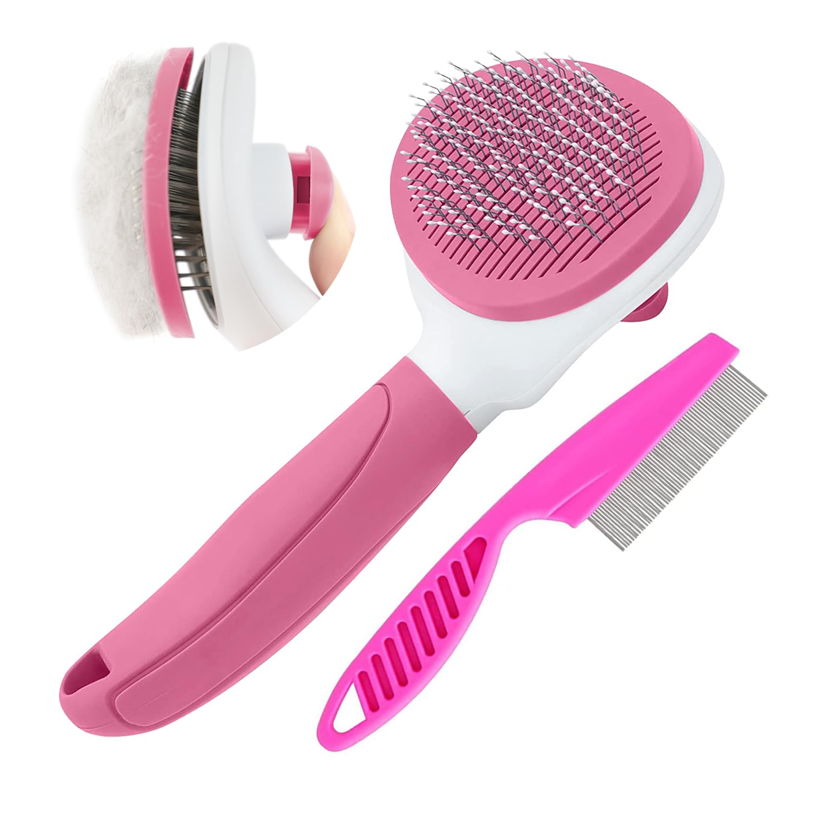Self Cleaning Cat Brush for Indoor Cats & Dog Brush for Shedding - Metal Comb Pet Grooming Tool with Release Button (Pink) | Perfect for Daily Brushing, Removing Loose Hair & Reducing Shedding at Home