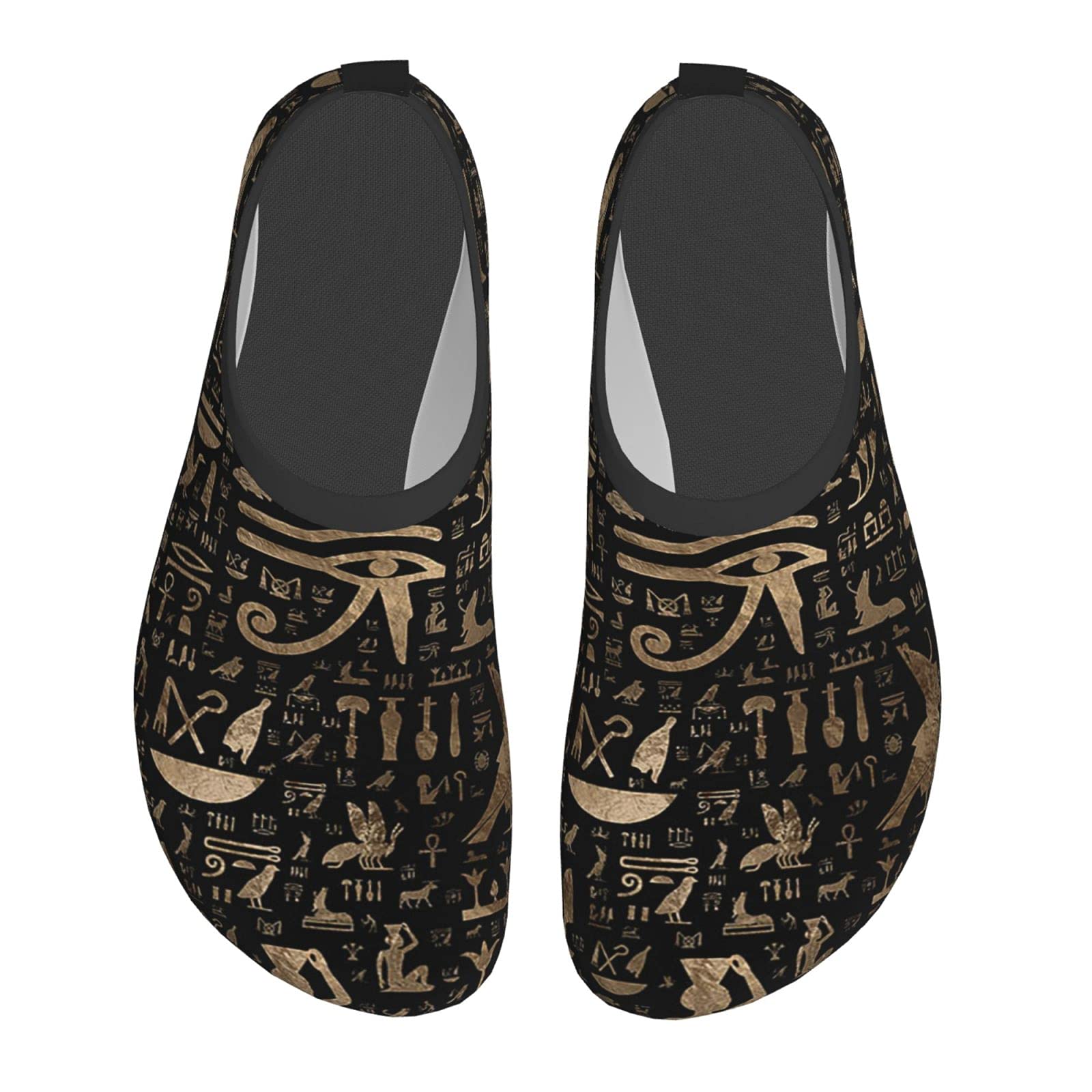 Ancient Egyptian Hieroglyphs Black Gold Water Shoes - Quick-Drying Barefoot Aqua Socks for Men & Women | Perfect for Beach Yoga, Swimming, Surfing & Outdoor Water Sports