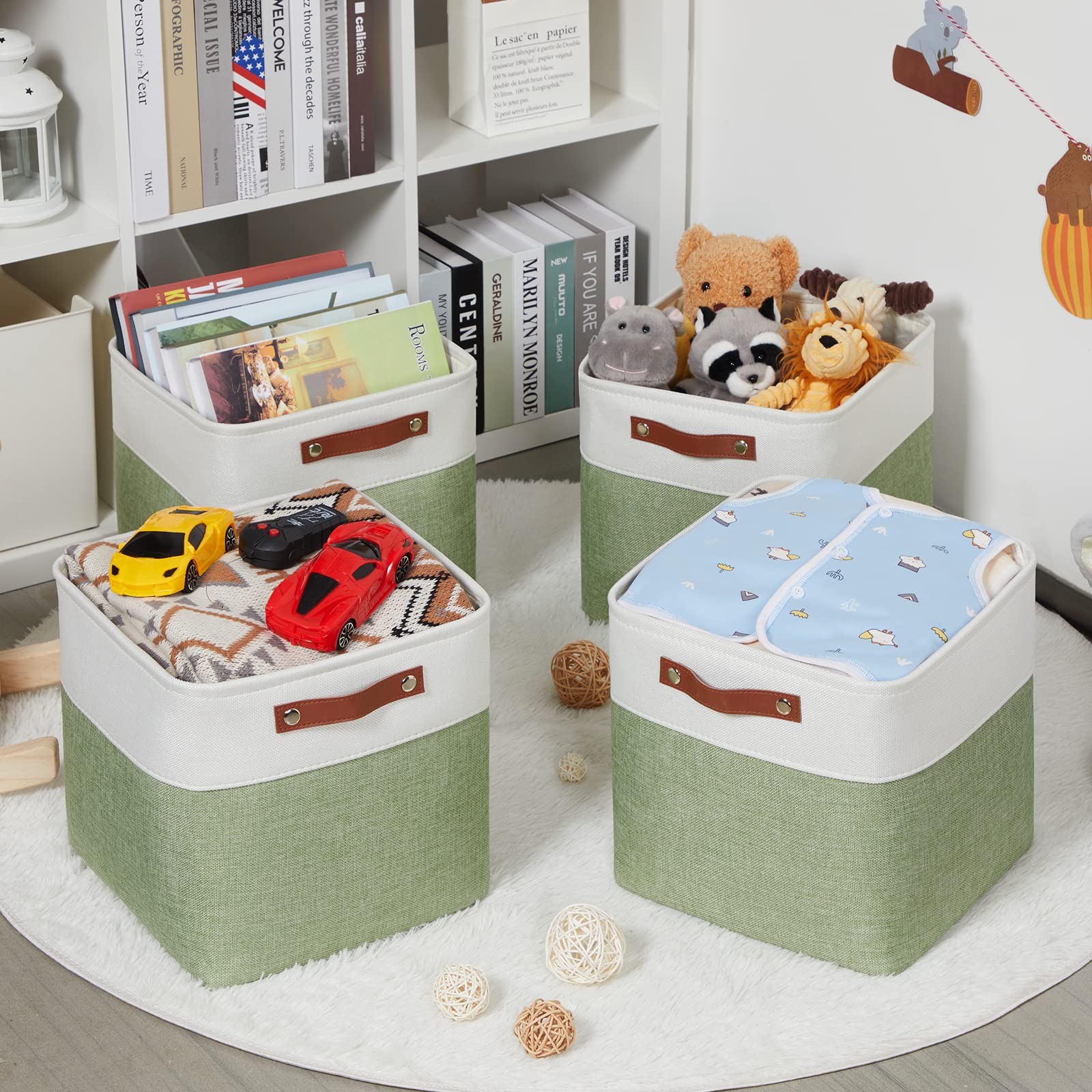 HNZIGE 4-Pack Fabric Storage Cubes - 12x12 Inch Decorative Organizer Bins for Shelves, Kids Toys, Pet Supplies | Versatile Home & Office Storage Solutions (Green & White)