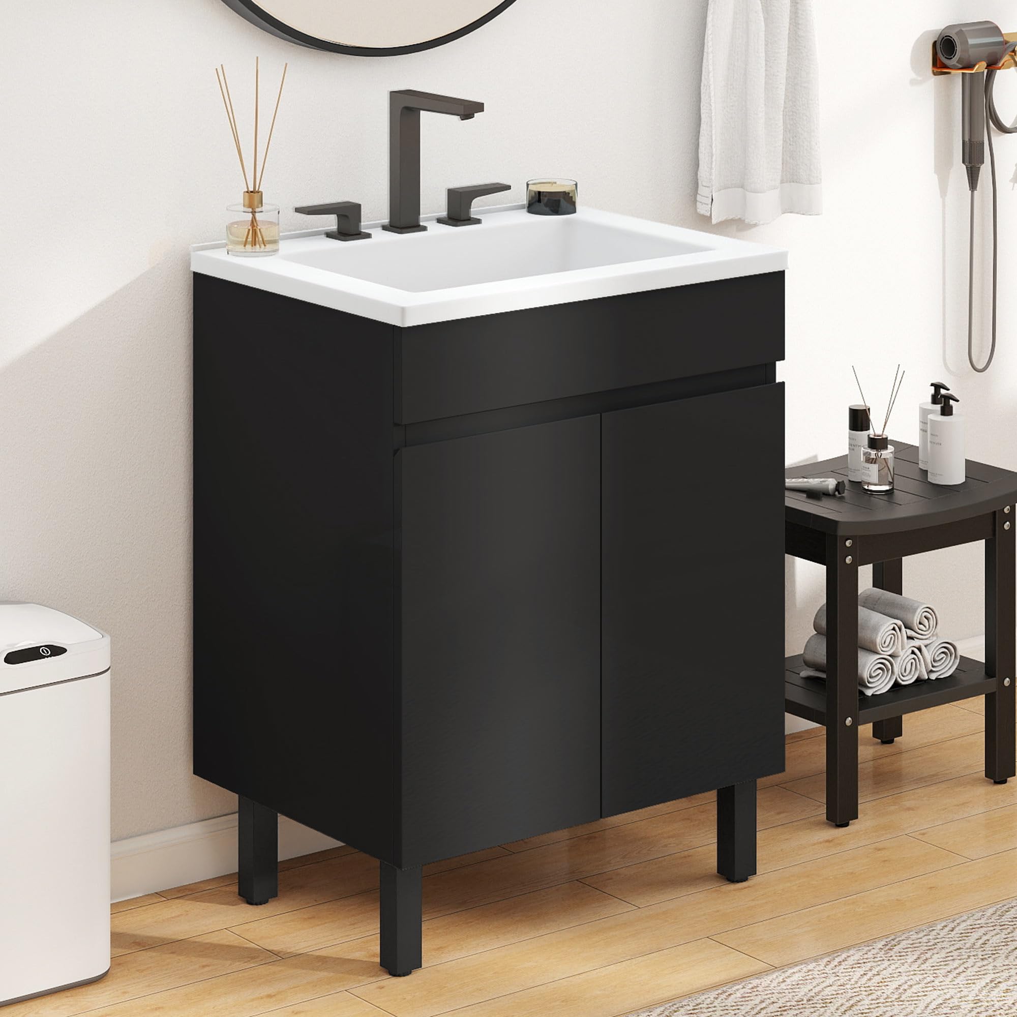 DWVO 24 Inch Black Bathroom Vanity with Undermount SMC Sink - Modern Small Bathroom Sink Cabinet with Adjustable Legs, 2 Soft Closing Doors & Drain - Perfect for Compact Bathrooms, Powder Rooms & Apartment Baths