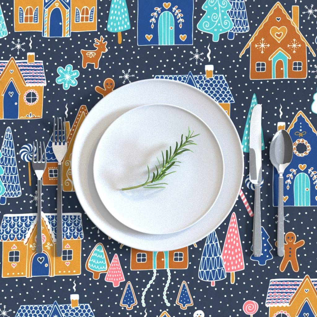 Premium Cotton Sateen Tablecloth 70x120 Inches - Christmas Gingerbread Snow Navy Snowmen Holiday Baking Candy Village Print Custom Table Linens for Dining Room Decor & Holiday Party Settings
