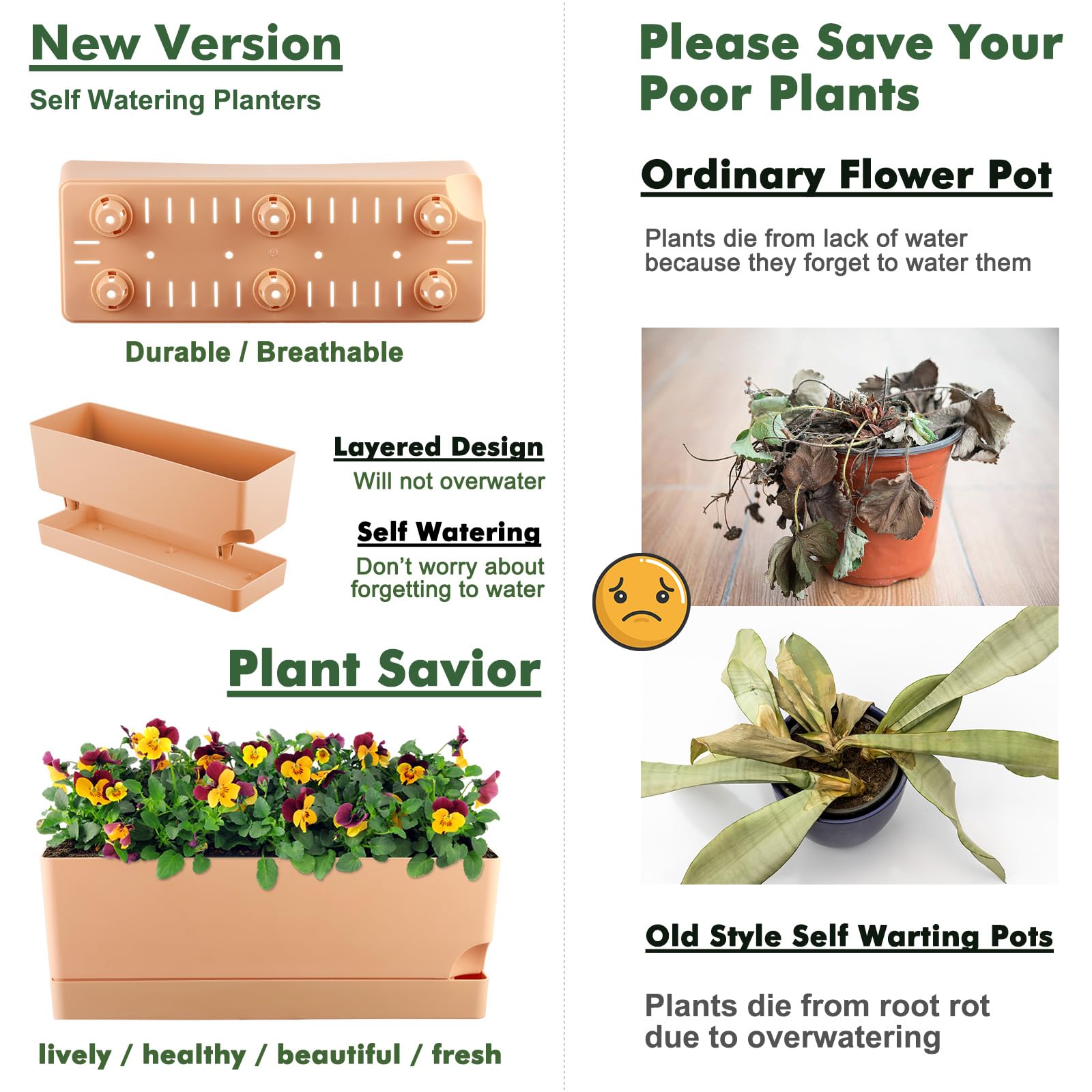 2 Pack Self Watering Planters - 17 Inch Large Rectangular Flower Pots with Drainage Holes & Saucers for Indoor Plants, Herbs, Succulents - Perfect Windowsill Planter Box for Kitchen, Balcony, Office (Orange)