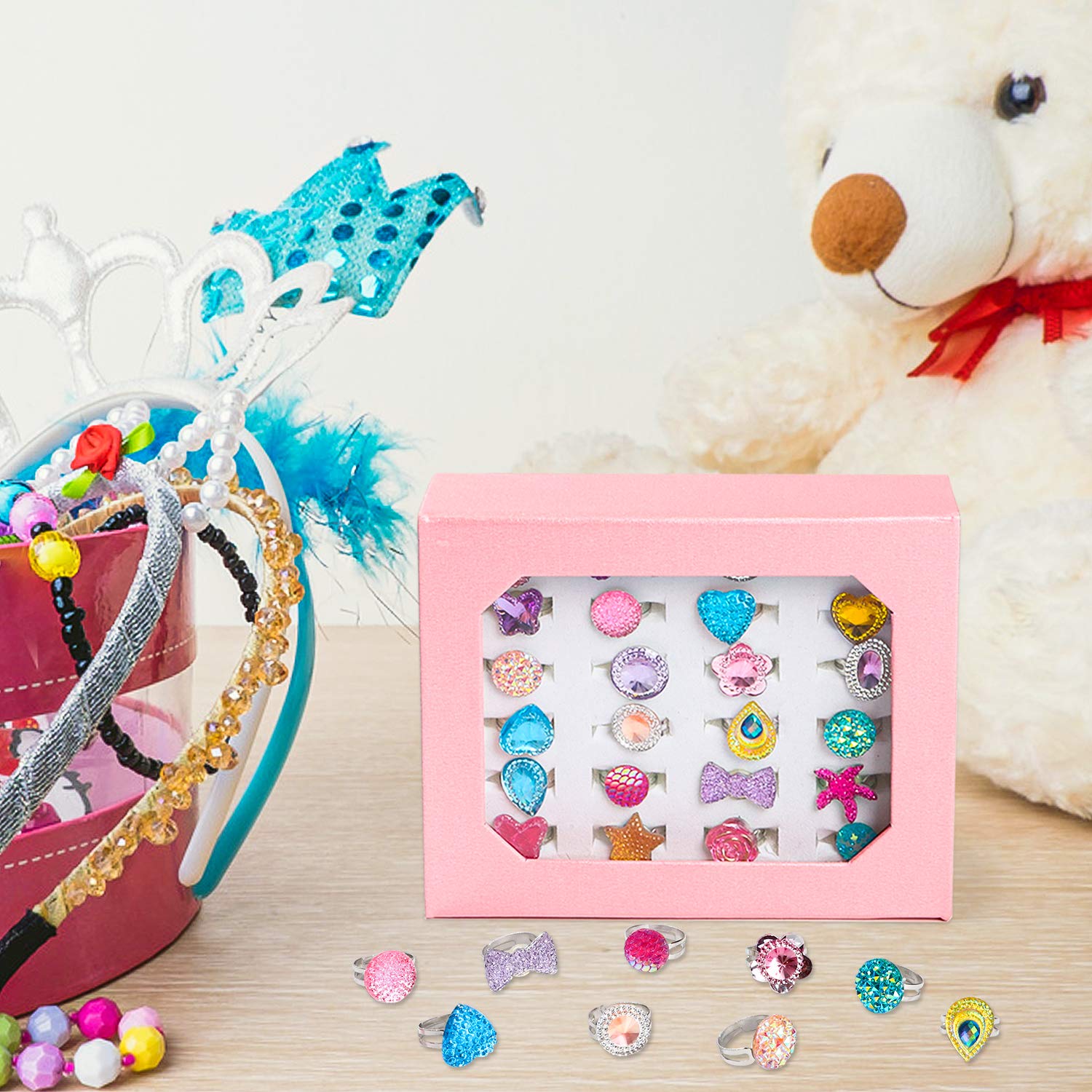 WATINC 24Pcs Adjustable Princess Pretend Jewelry Rings Set for Girls - Sparkling Rhinestone Dress Up Play Toys, Unique Diamond Rings Gift Box for Little Girls - Perfect for Birthday Parties, Dress Up Play & Pretend Play