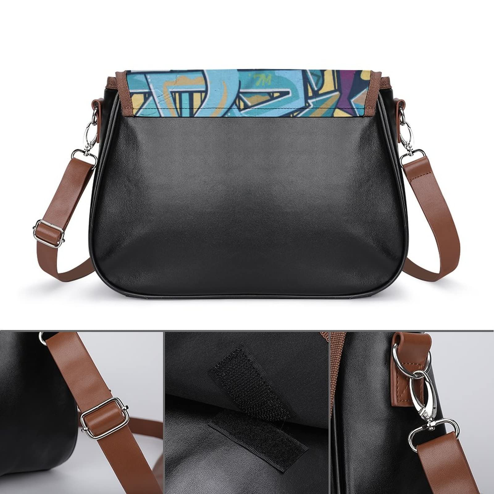 Stylish Printed Leather Crossbody Bags for Women - Designer Shoulder Messenger Satchel with Blue Slogan Doodle | Perfect for Work, Travel & Everyday Use