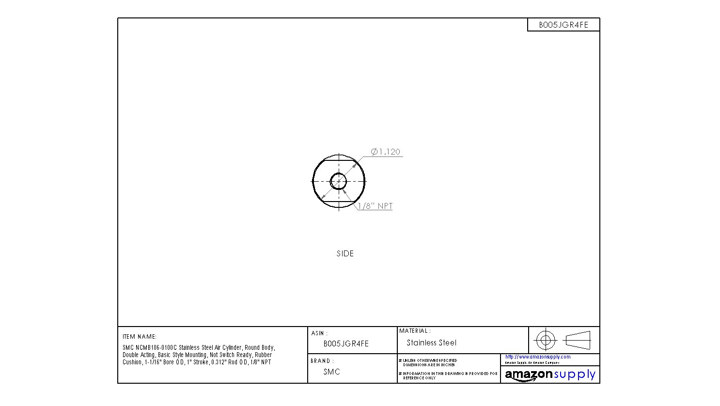 SMC NCMB125-0600C Stainless Steel Air Cylinder - Round Body, Double Acting, 1-1/4
