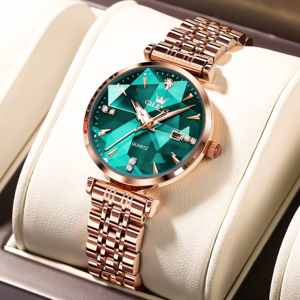 OLEVS Women's Luxury Rose Gold Diamond Analog Quartz Watch - Stainless Steel, Luminous, Waterproof with Date - Perfect for Dressy Occasions, Office & Everyday Wear