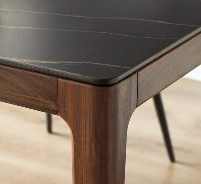 Premium Black Walnut Wood Dining Table with Natural Slate Stone Top - Elegant Farmhouse Style for Dining Room, Kitchen, or Rustic Home Decor