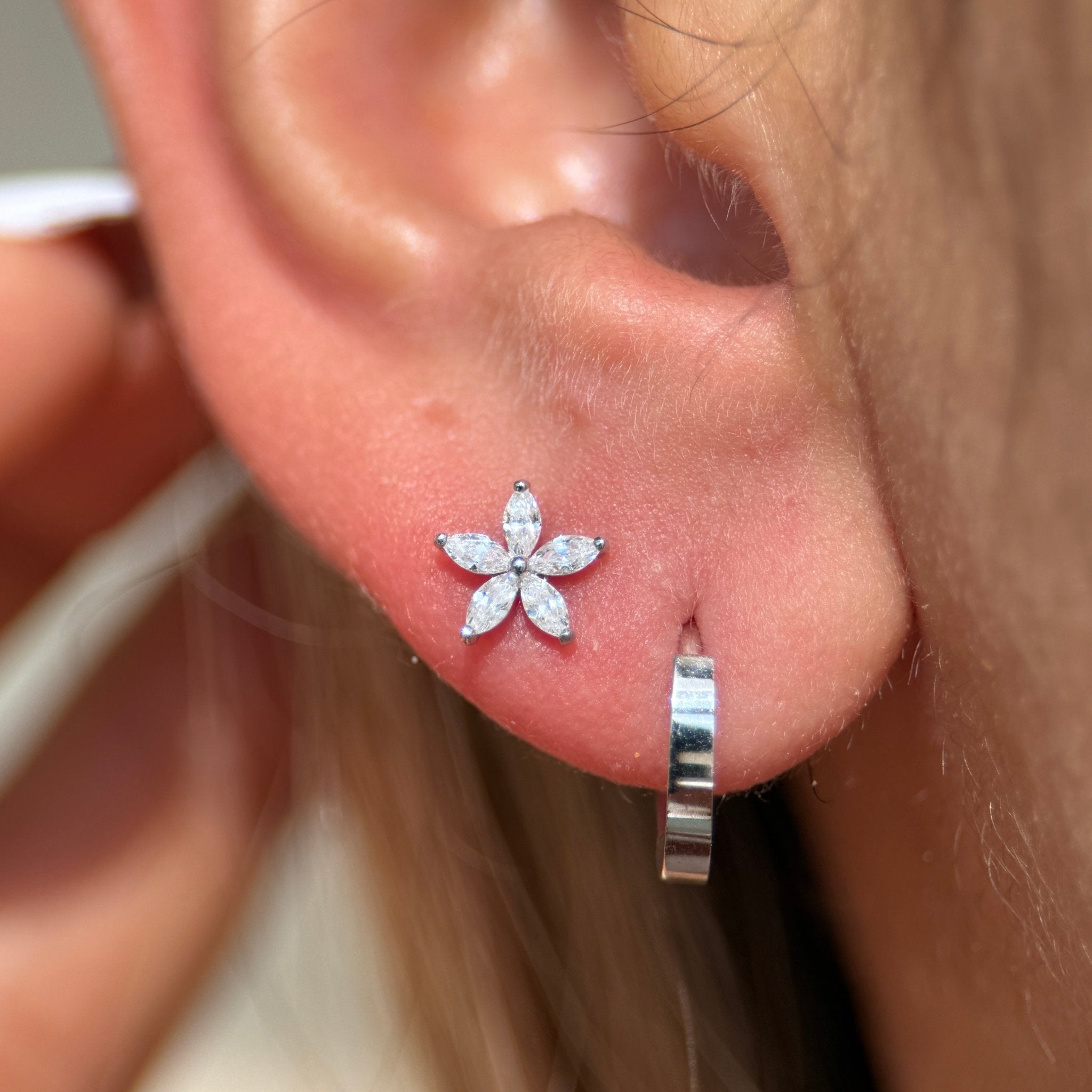 14k White Gold Marquise Flower Flat Back Earrings for Women - Elegant Dainty Studs for Daily Wear, Parties & Special Occasions