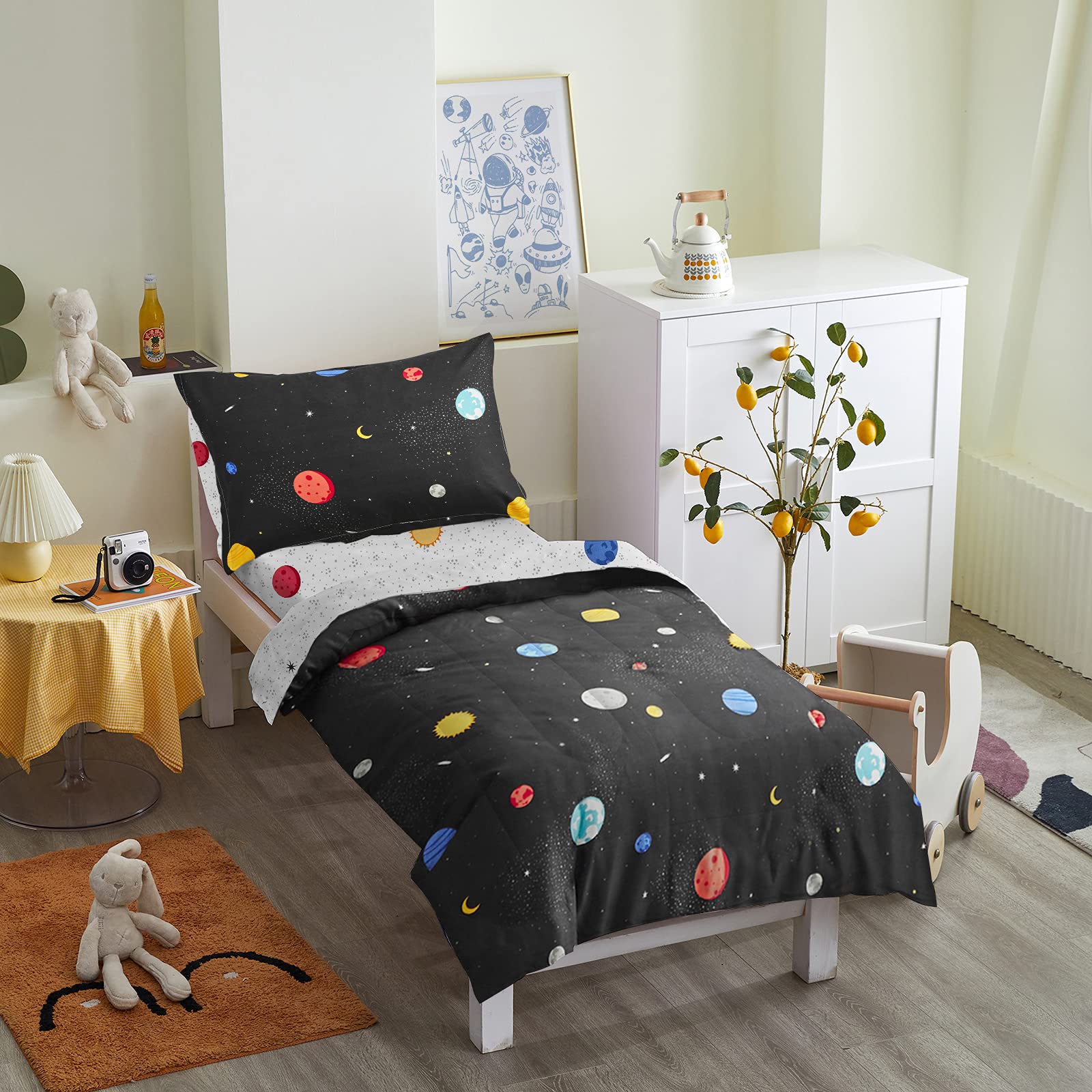 UOZZI 4-Piece Toddler Bedding Set - Black Space Theme with Stars & Planets | Soft Comforter, Fitted Sheet, Flat Sheet & Pillowcase | Perfect for Kids' Room, Nursery & Space-Themed Decor