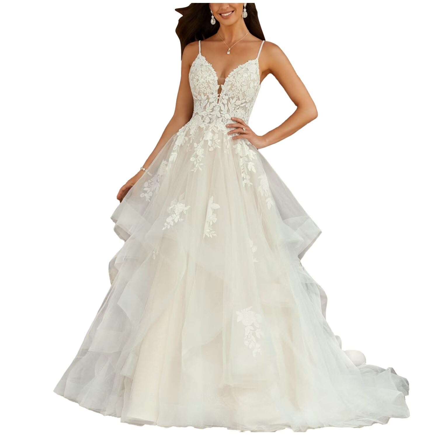 Elegant A-Line Lace Applique Wedding Dress for Bride | Long Tulle Bridal Gown | Perfect for Church, Beach, and Formal Weddings
