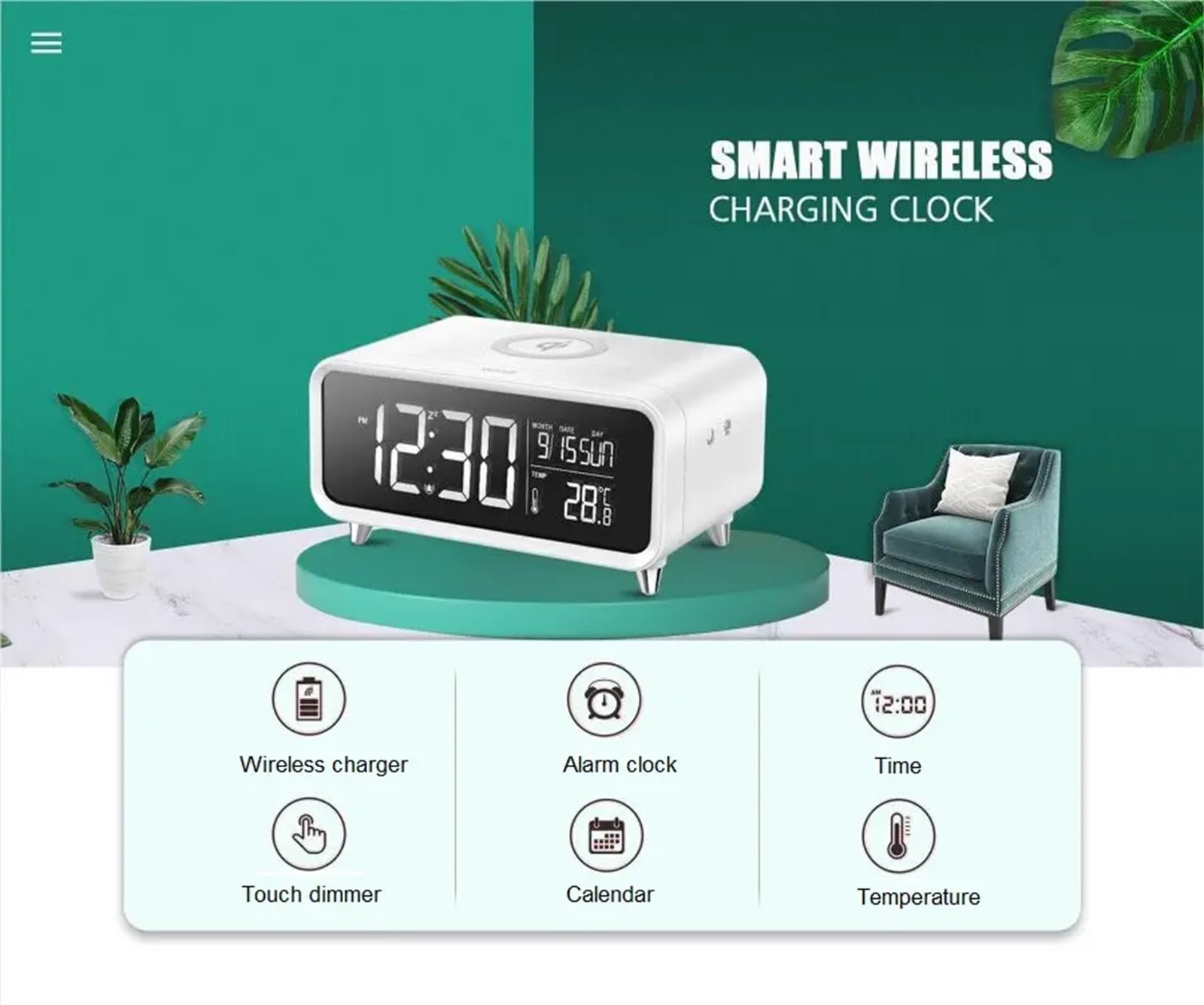 Fyrwqm 3-in-1 Bluetooth Speaker with LED Night Light, Wireless Charger & Digital Alarm Clock | Touch Sensor Control, Fast Phone Charging | Perfect for Bedroom, Office, Nightstand (White)