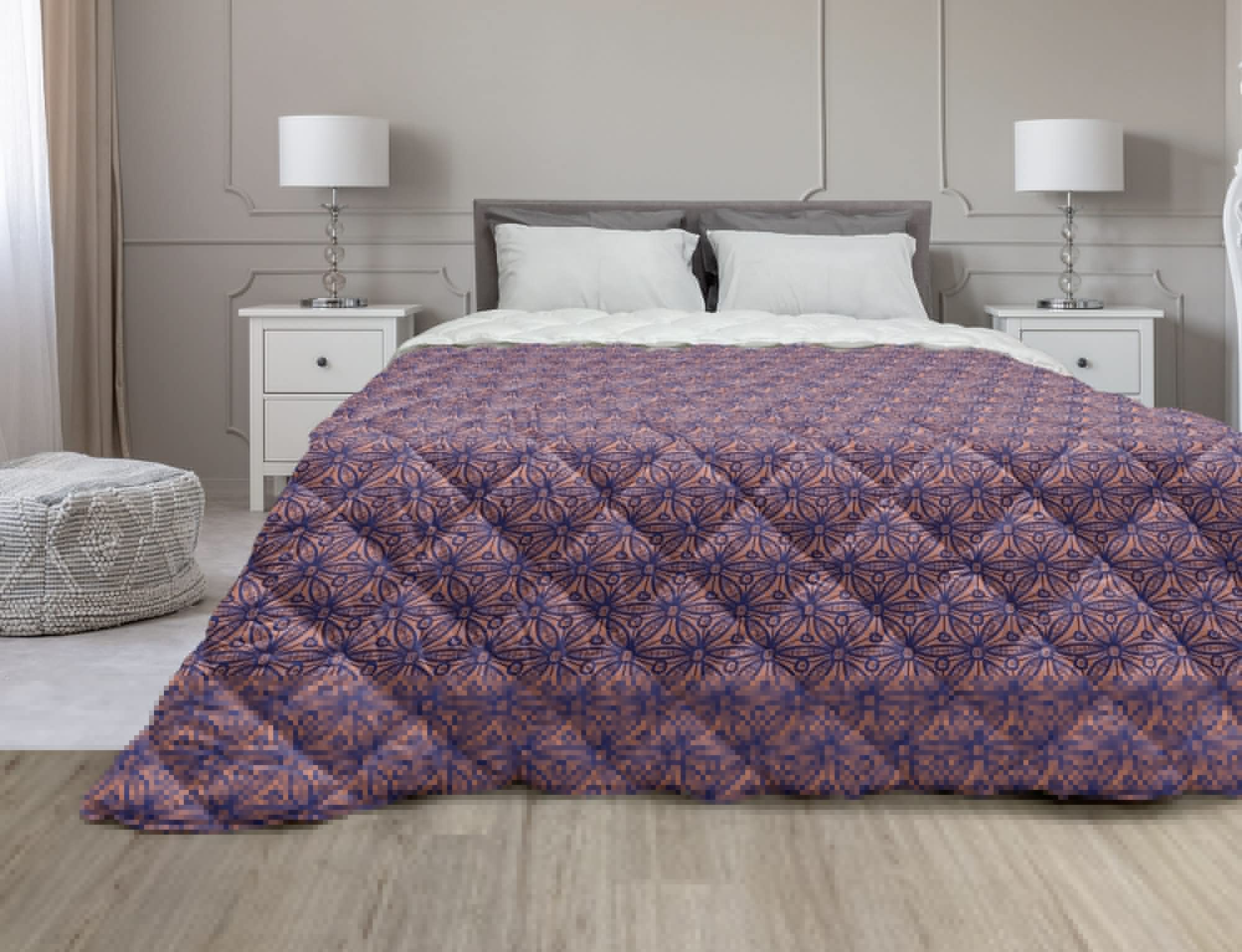 Ambesonne Oriental Down Alternative Comforter King Size - Hexagonal Floral Leaf Design in Burnt Sienna & Indigo - All-Season Microfiber Quilt for Bedroom Decor - Perfect for Master Bedrooms, Guest Rooms & Cozy Home Styling