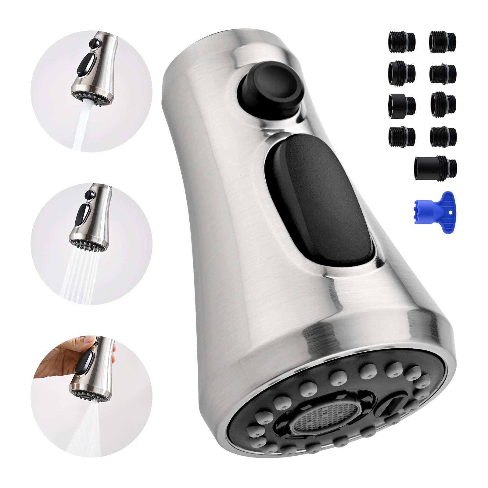 3-Mode Pull Down Kitchen Faucet Spray Head with 9 Adapters - Brushed Nickel for Moen & Delta - Perfect for Dishwashing & Sink Cleaning