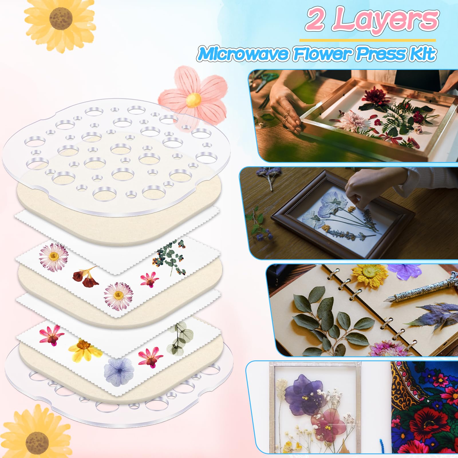 Windspeed 2-Layer Microwave Flower Press Kit (7.9×7.9 in) - Fast Drying Plant Press for DIY Resin Art, Scrapbooking, Nail Art & Botanical Crafts - Perfect for Preserving Flowers, Leaves & Herbs for Home Decor & Gift Making