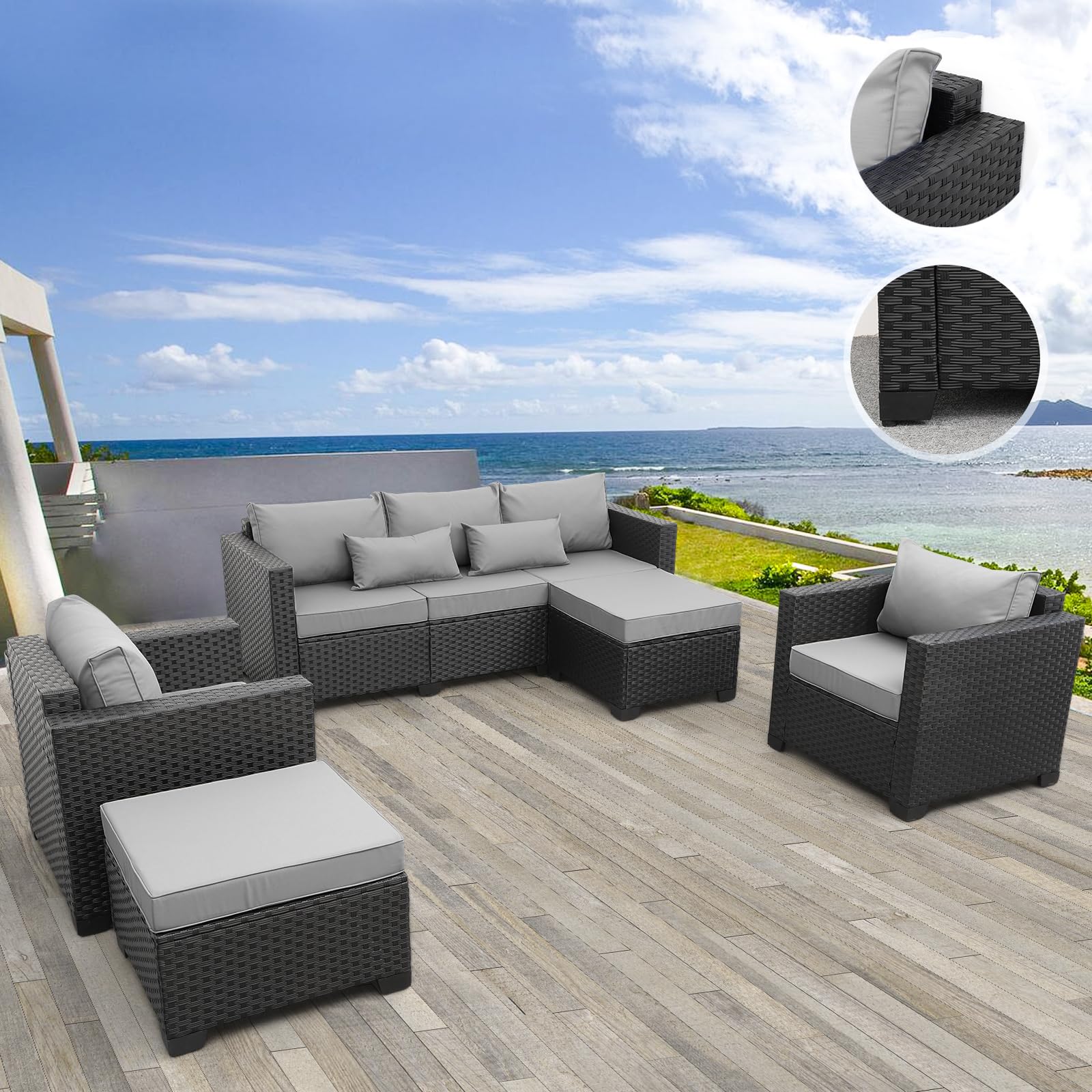 Rattaner 5-Piece Outdoor Wicker Patio Furniture Set - Grey Sectional Sofa with No-Slip Cushions & Waterproof Covers | Perfect for Backyard, Poolside & Garden Relaxation