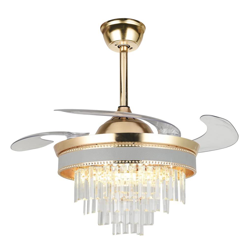 Clody 42 Inch Invisible Reversible Ceiling Fan with LED Lights and Remote Control - Luxury Fandelier Chandelier Style Retractable Blade Ceiling Fan for Bedroom, Living Room, Dining Room (Gold) | Modern Home Cooling & Lighting Solution for Indoor Spaces