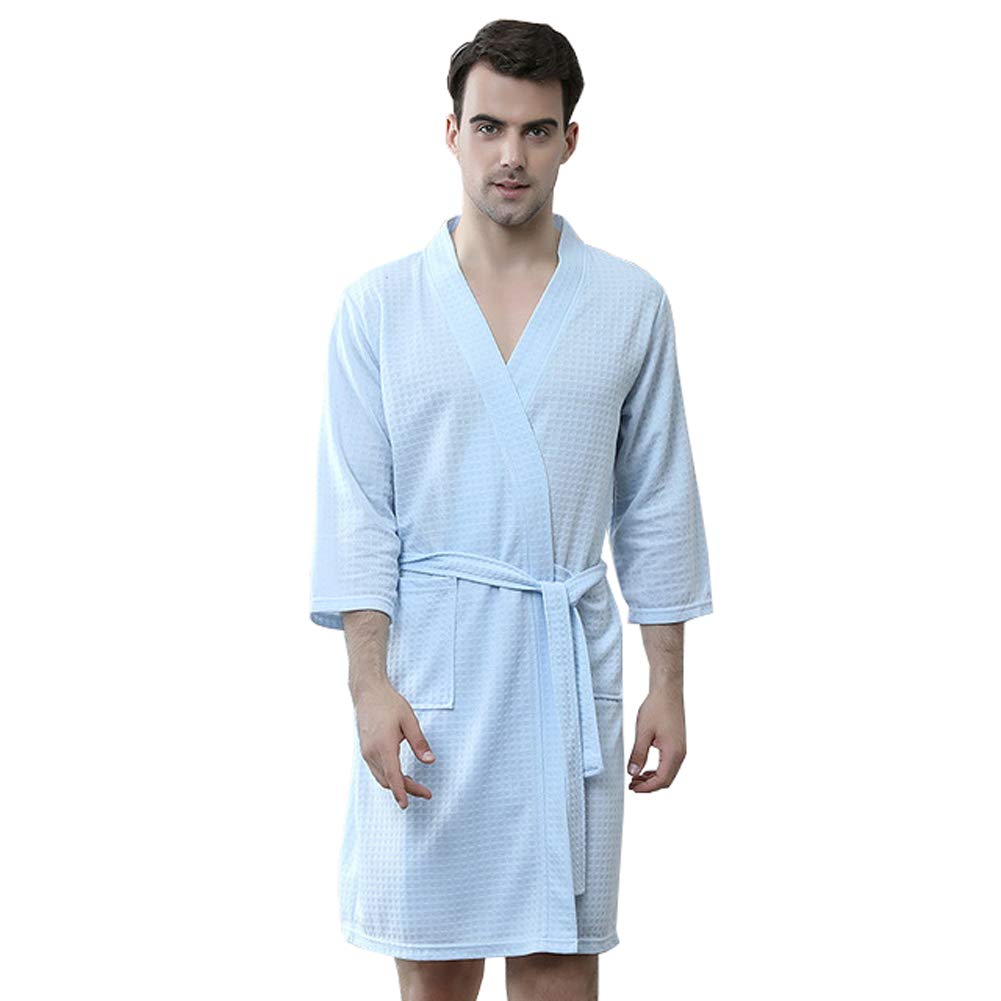 Rojeam Men's Kimono Waffle Robe - Lightweight Soft Bathrobe with Pockets for Spa, Sleepwear & Lounge Wear - Unisex Knee-Length Comfortable Cotton Kimono for Home Relaxation & Hotel Use