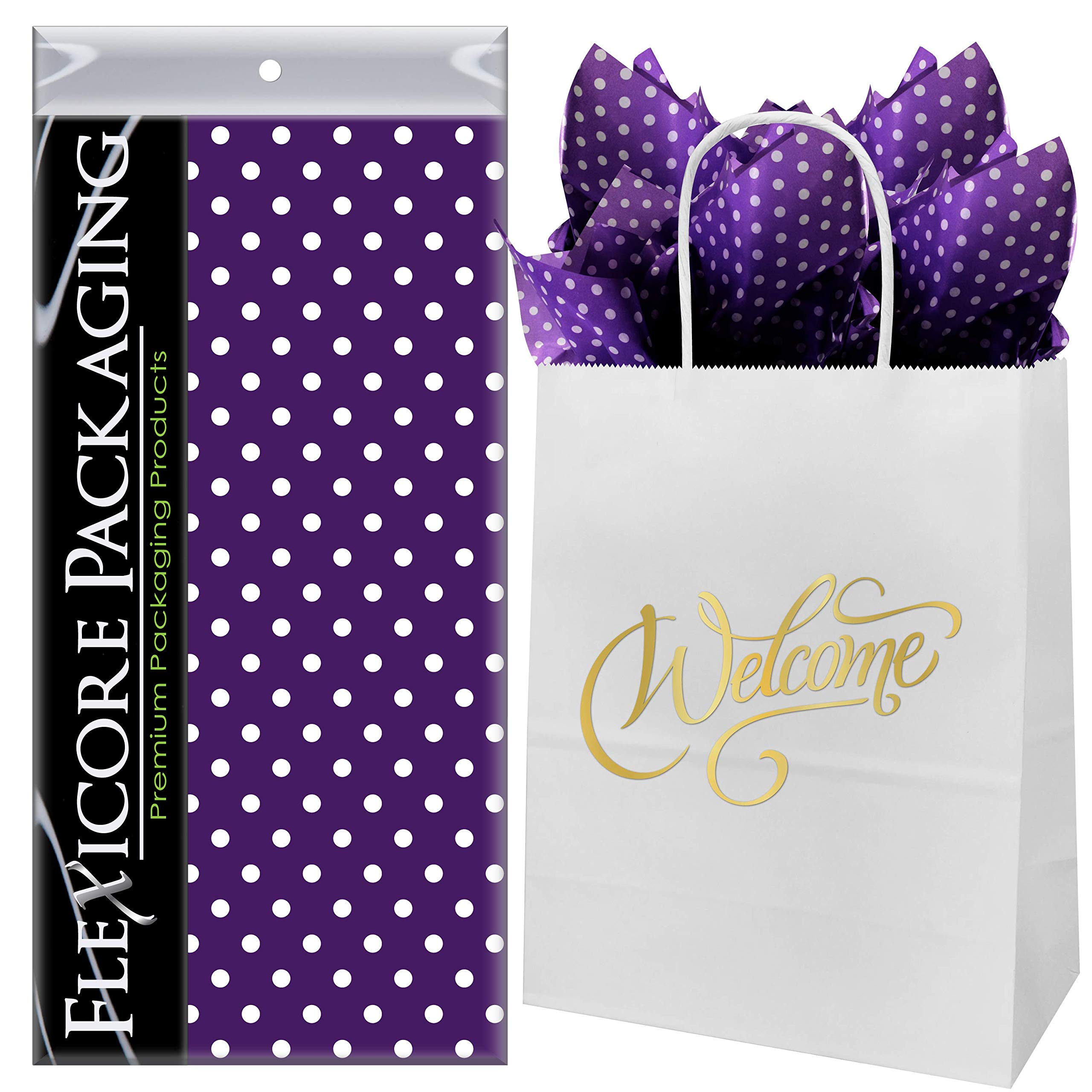 Premium White Kraft Paper Gift Bags with Purple Polka Dot Tissue Wrap - 8